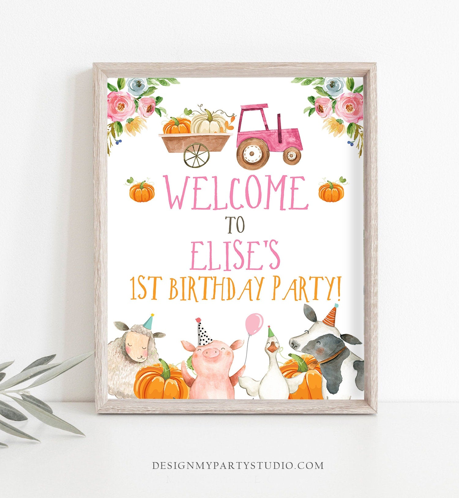 Editable Pumpkin Farm Birthday Welcome Sign Barnyard Birthday Welcome Sign Farm Animals Birthday Fall Girl Digital Template Printable 0155