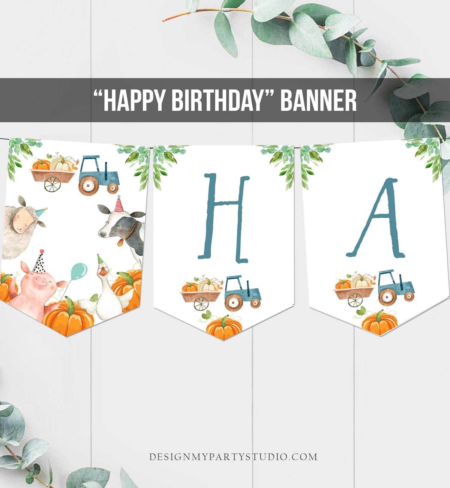 Happy Birthday Banner Pumpkin Farm Birthday Banner Farm Animals Boy Barnyard Birthday Decor Instant Download PRINTABLE DIGITAL DIY 0155