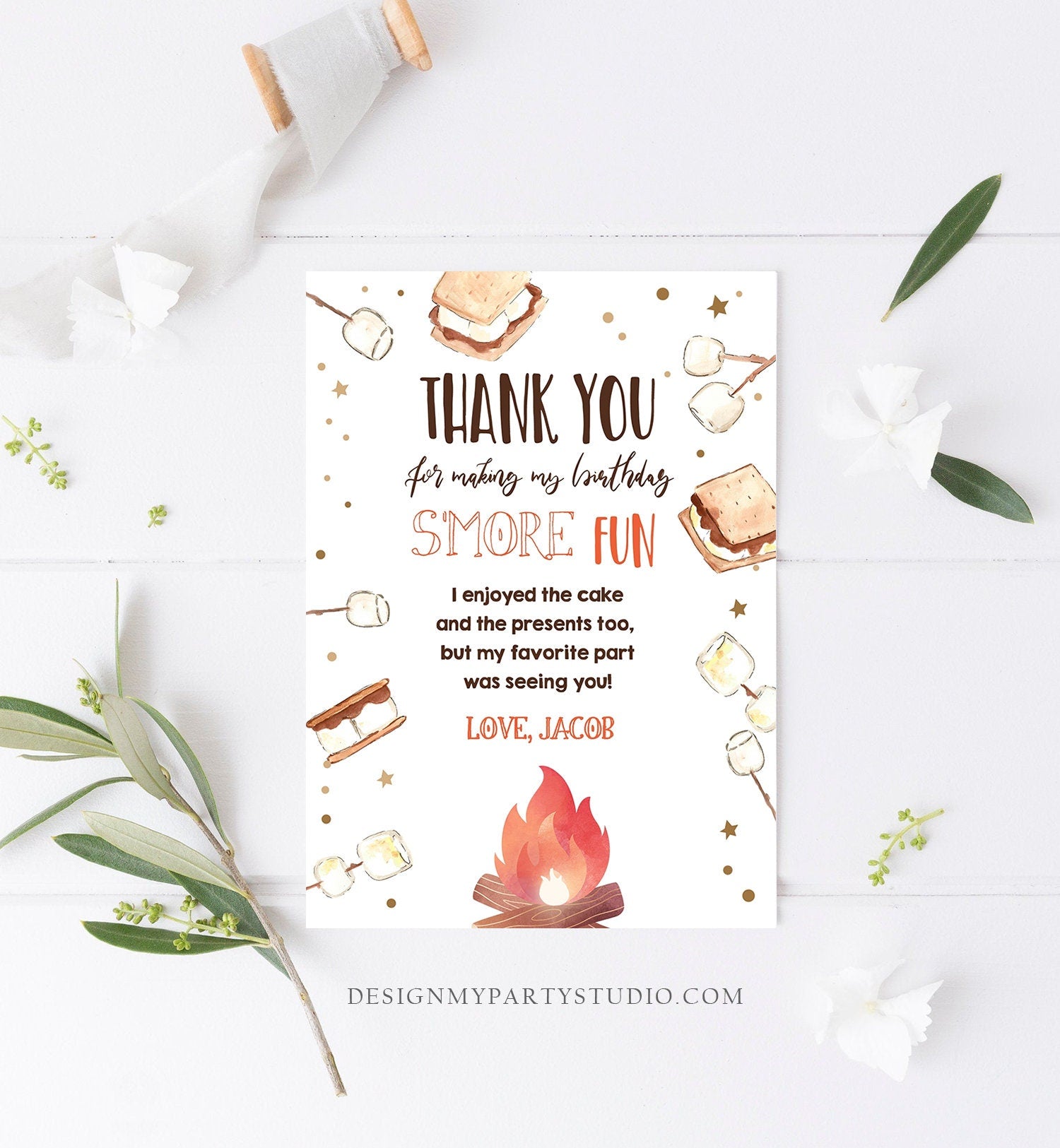 Editable S'more Birthday Thank you Card Smore Fun With You Thank You Rustic Camping Fall Autumn Template Instant Download Corjl 0179