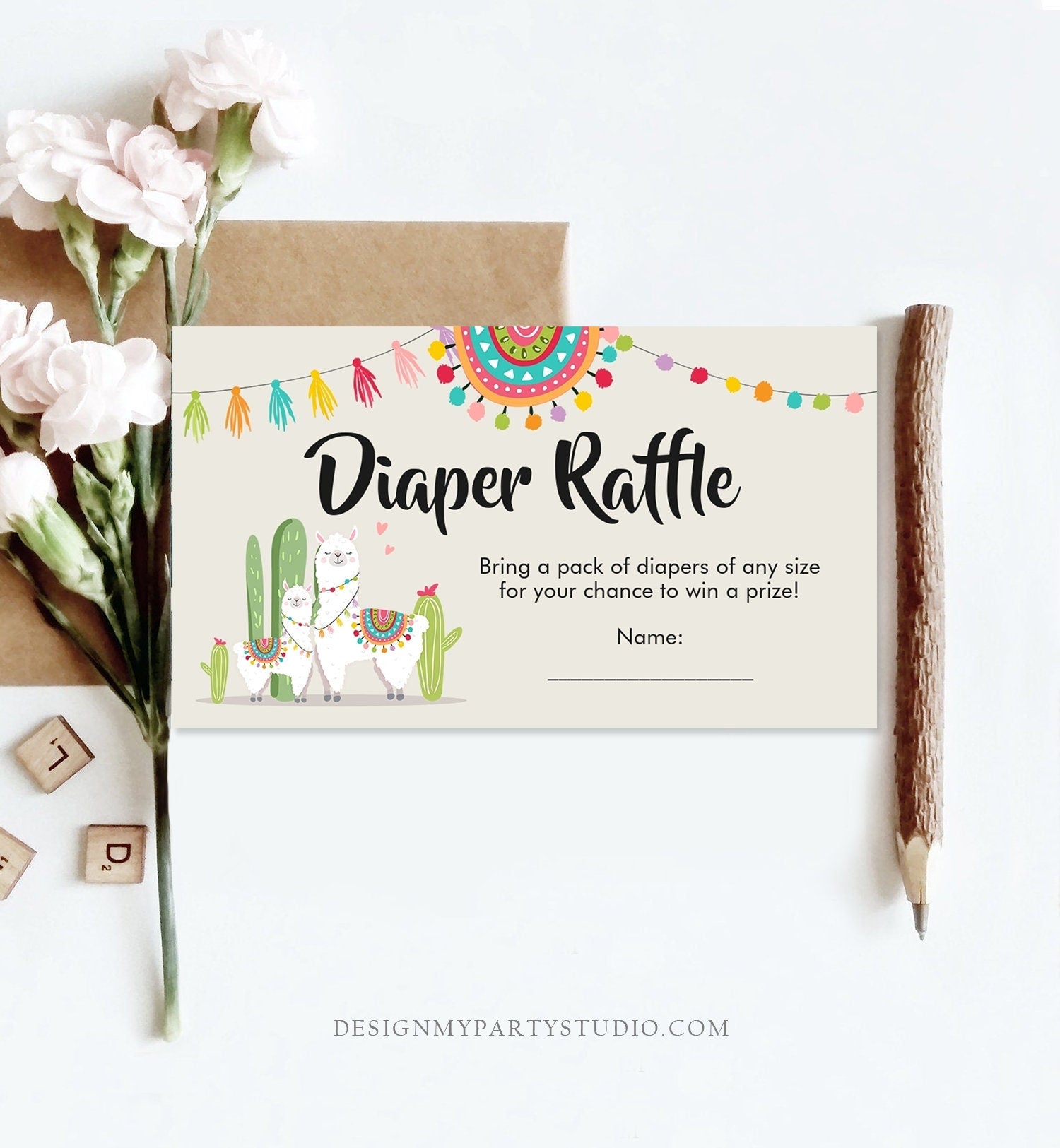 Editable Llama Baby shower Diaper raffle card Fiesta Gender Neutral Baby shower Diaper Game Succulent Mexican Diaper ticket PRINTABLE 0079