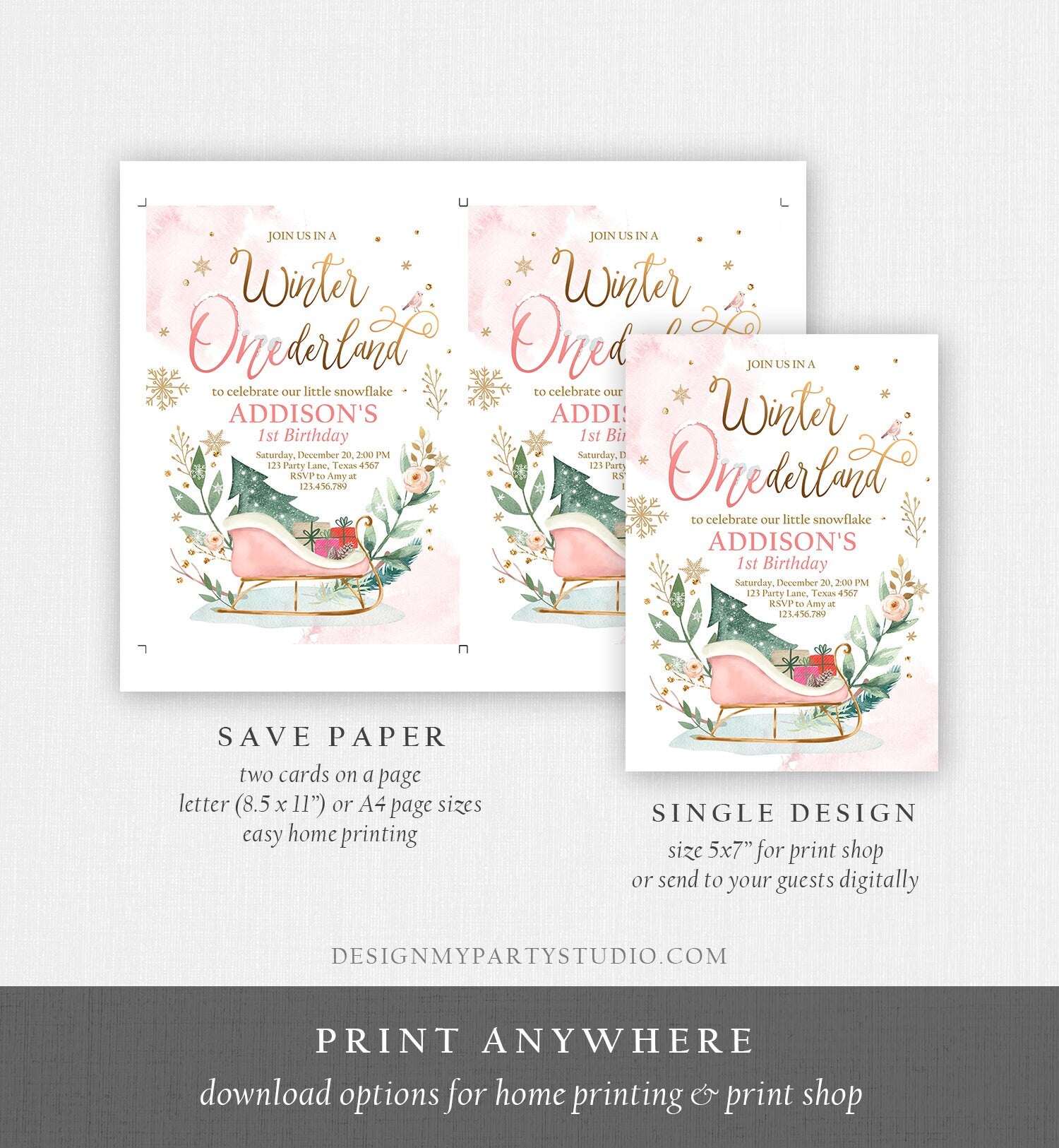 Editable Winter Onederland Invitation 1st Birthday Girl Blush Pink Gold Christmas Sleigh Little Snowflake Floral Printable Template DIY 0353