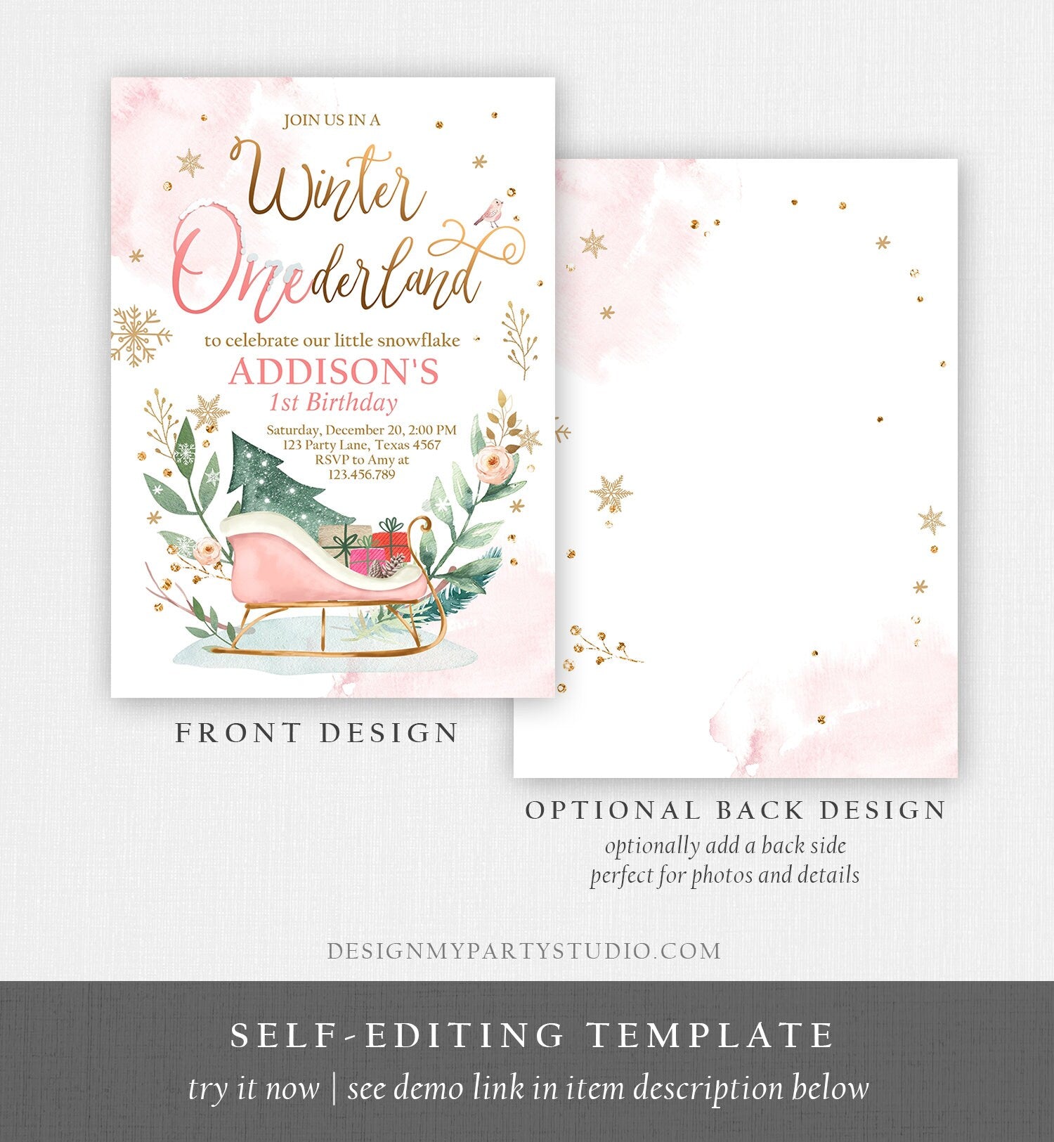 Editable Winter Onederland Invitation 1st Birthday Girl Blush Pink Gold Christmas Sleigh Little Snowflake Floral Printable Template DIY 0353