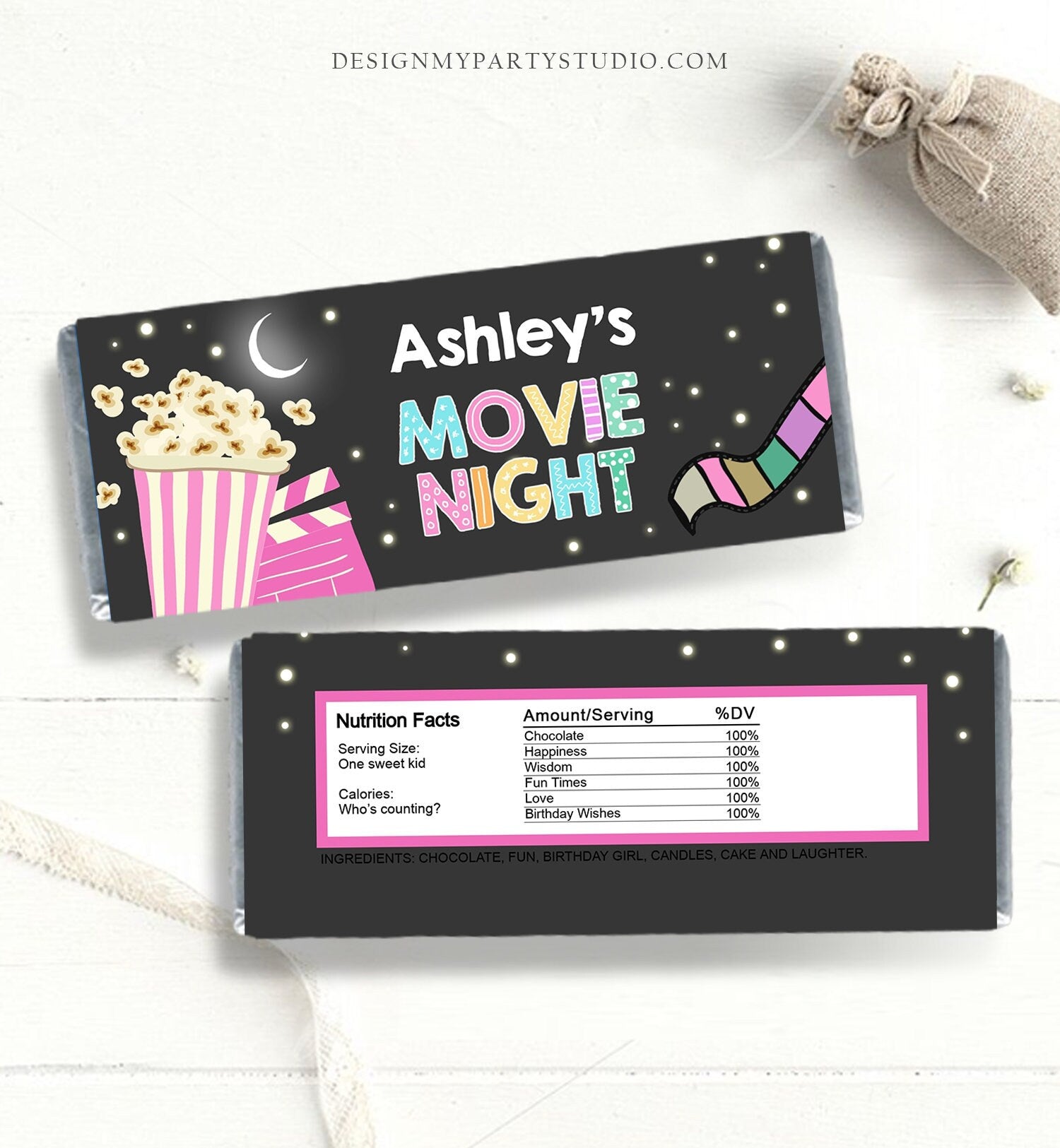 Editable Movie Night Candy Bar Wrapper Movie Night Birthday Chocolate Bar Wrapper Movie Party Decor Pink Girl Template PRINTABLE Corjl 0042