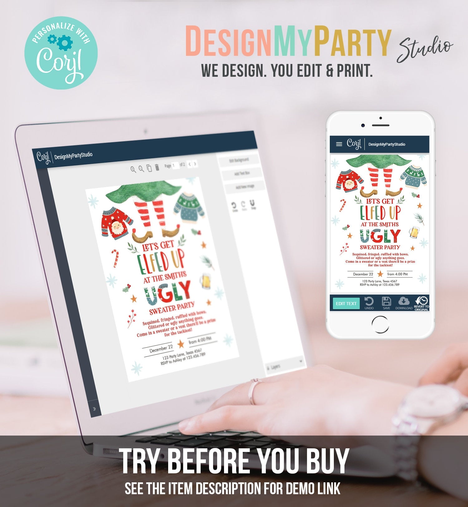 Editable Let's Get Elfed Up Christmas Party Invitation Framily Holiday Ugly Sweater Digital Evite Elf Corjl Template Printable 0354