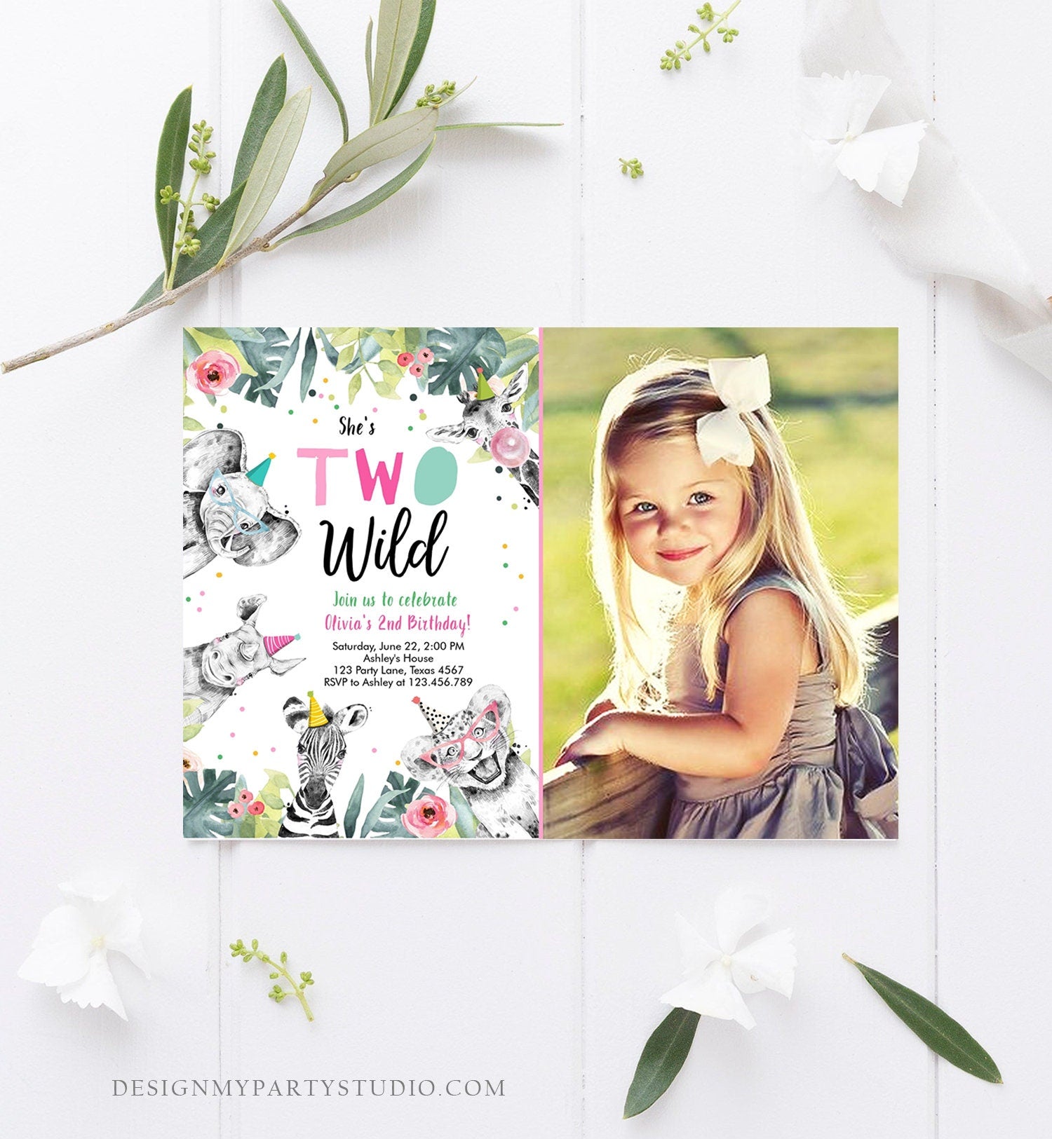 Editable Two Wild Birthday Invitation Girl Second 2nd Safari Animals Pink Party Animals Zoo Digital Download Evite Template Printable 0322