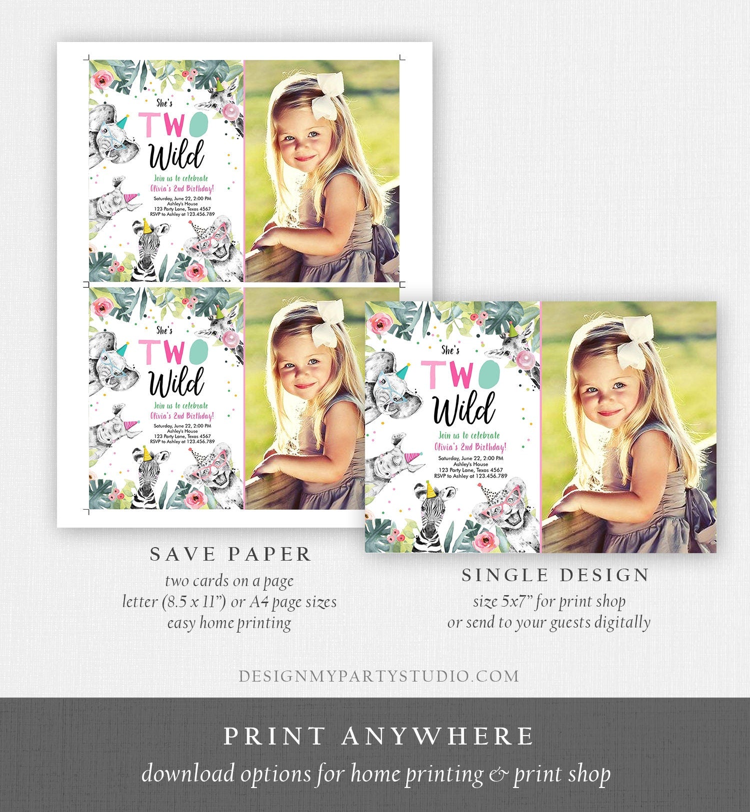 Editable Two Wild Birthday Invitation Girl Second 2nd Safari Animals Pink Party Animals Zoo Digital Download Evite Template Printable 0322