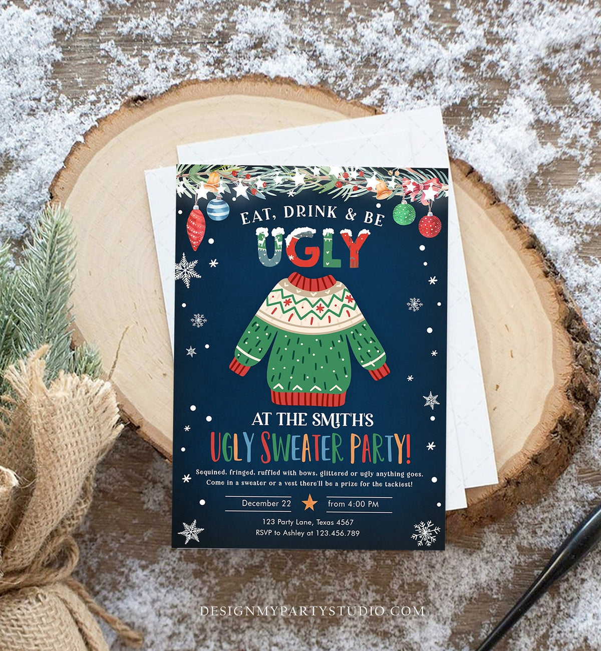 Editable Ugly Sweater Christmas Party Invitation Eat Drink And Be Ugly Rustic Family Birthday Tacky Party Printable Corjl Template 0354