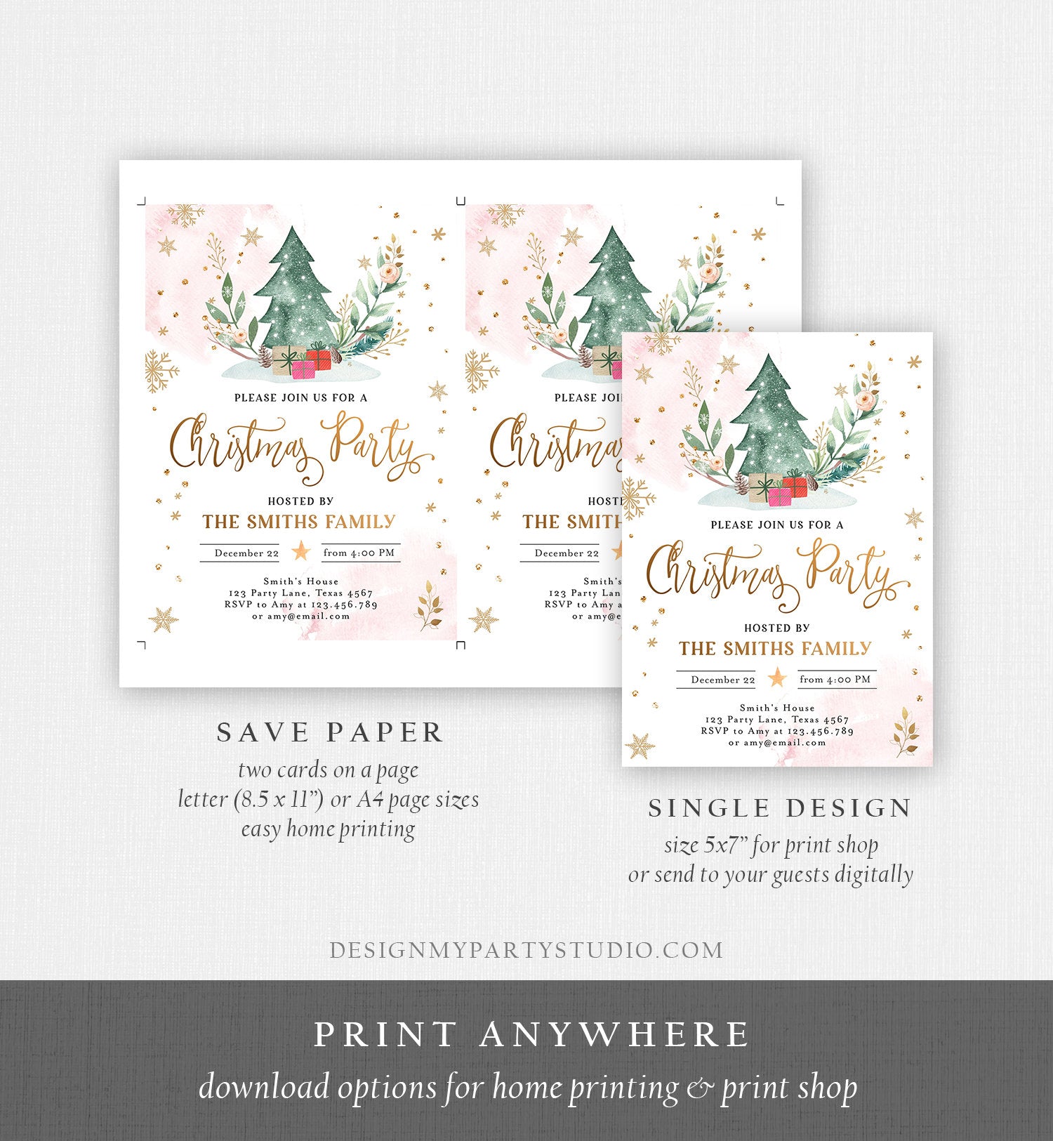 Editable Christmas Party Invitation Holiday Company It's Cold Outside Business Family Pink Gold Tree Corjl Template Download Printable 0353