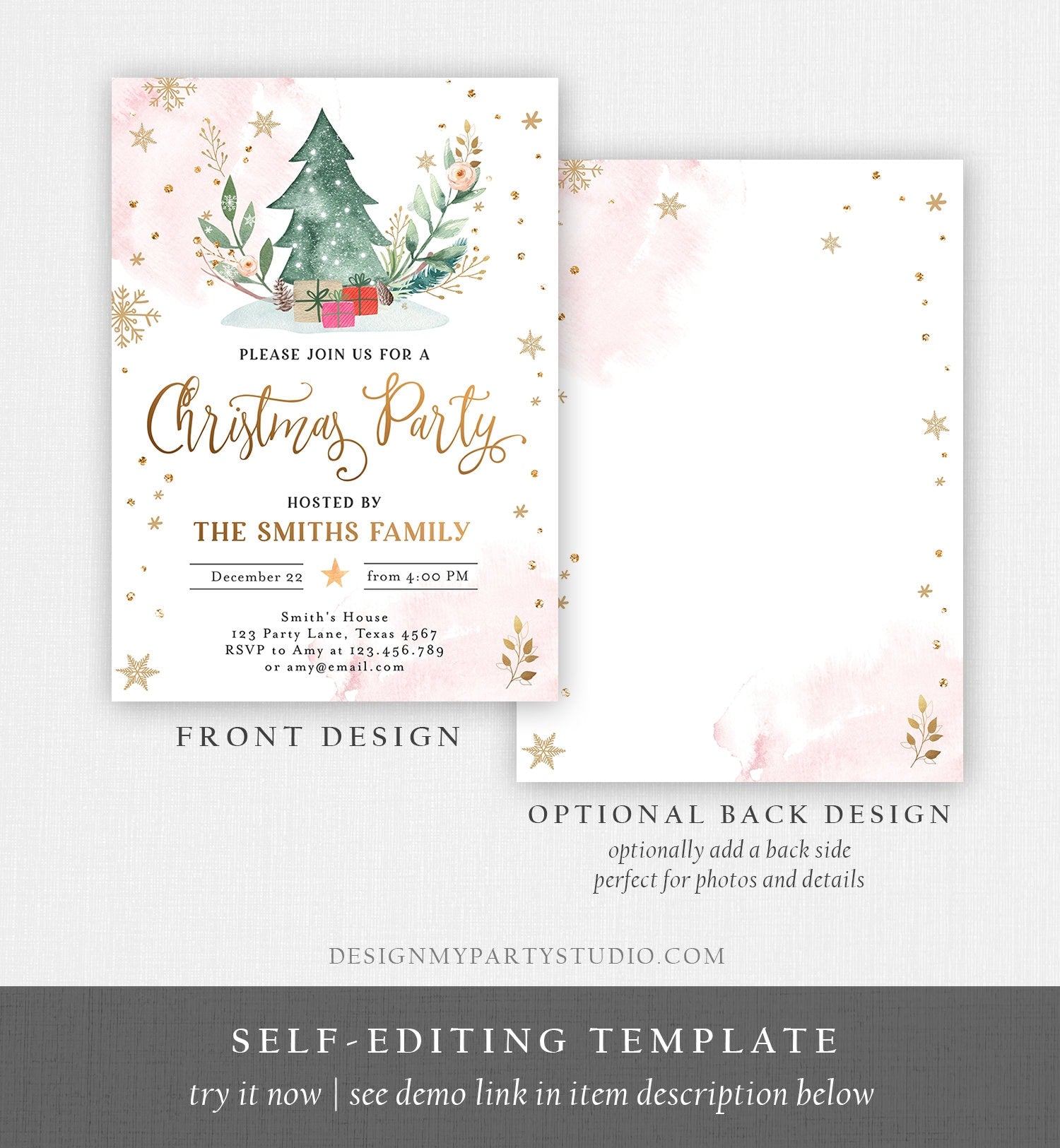 Editable Christmas Party Invitation Holiday Company It's Cold Outside Business Family Pink Gold Tree Corjl Template Download Printable 0353