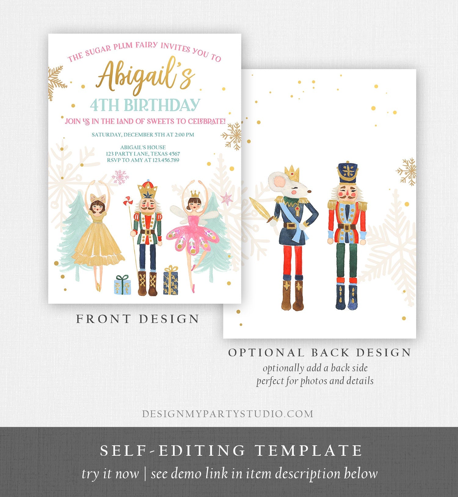 Editable Nutcracker Birthday Invitation Ballet Christmas Birthday Invite Pink Girl Sugar Plum Fairy Download Printable Template Corjl 0352