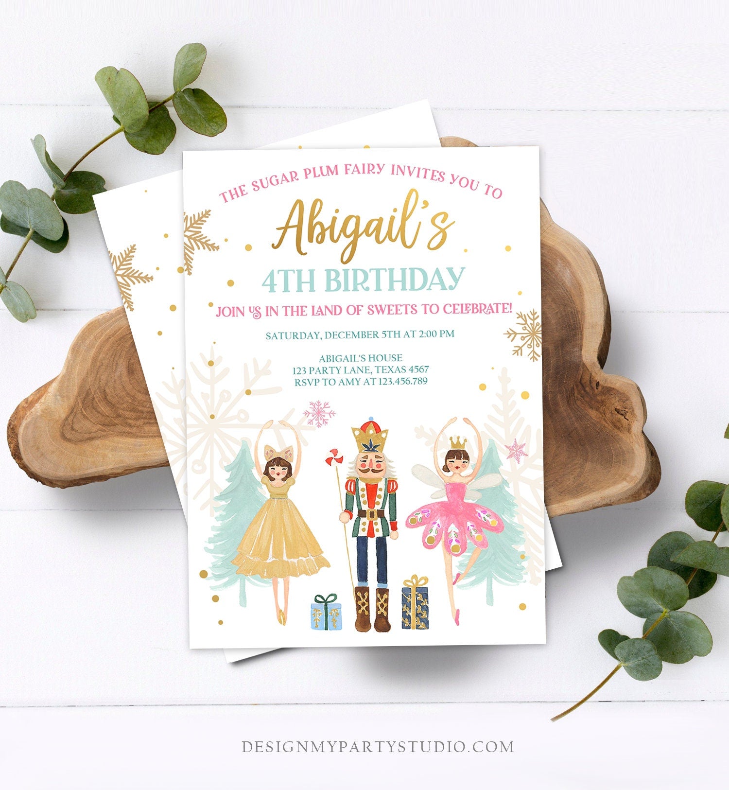 Editable Nutcracker Birthday Invitation Ballet Christmas Birthday Invite Pink Girl Sugar Plum Fairy Download Printable Template Corjl 0352