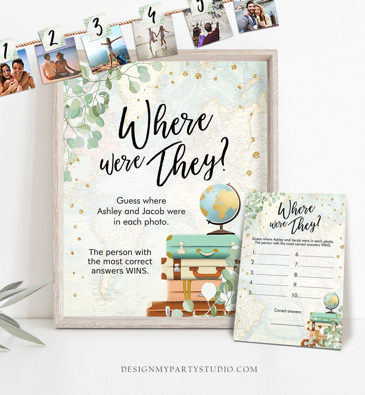 Editable Where were They? Bridal Shower Game Wedding Shower Activity Eucalyptus Travel Adventure Bride Groom Template PRINTABLE Corjl 0030