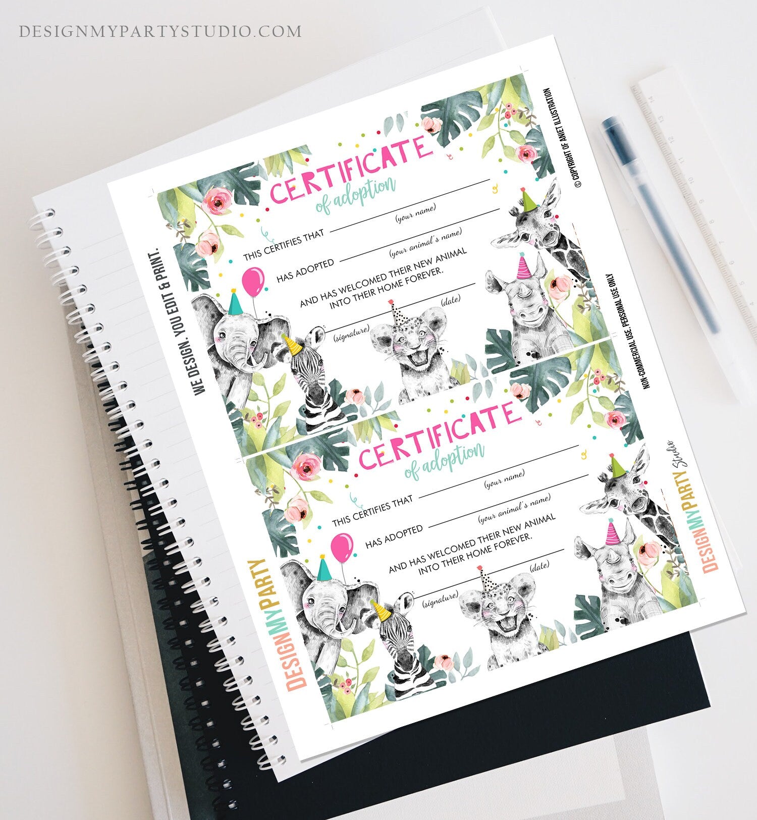 Adopt an Animal Adoption Certificate Safari Animals Adoption Wild One Birthday Party Animals Birthday Girl Download Digital PRINTABLE 0322