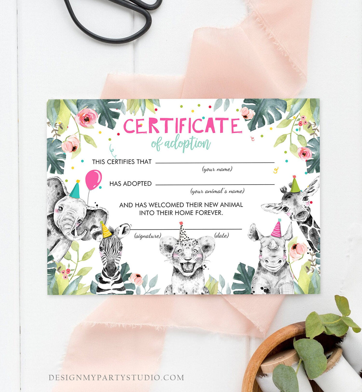 Adopt an Animal Adoption Certificate Safari Animals Adoption Wild One Birthday Party Animals Birthday Girl Download Digital PRINTABLE 0322