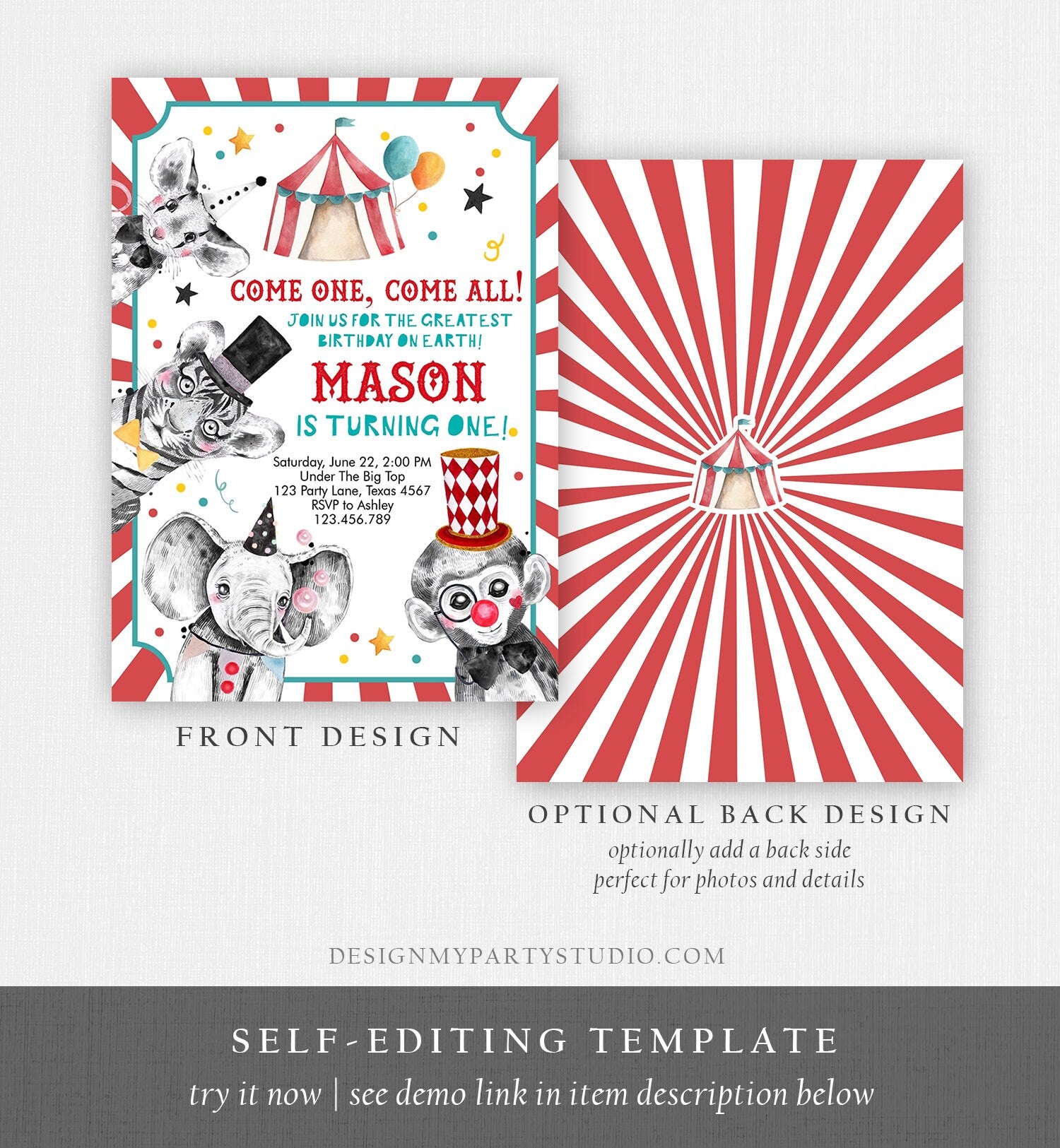 Editable Circus Birthday Invitation Party Animals Circus Invitation Carnival Invite Instant Download Printable Template Digital Corjl 0355