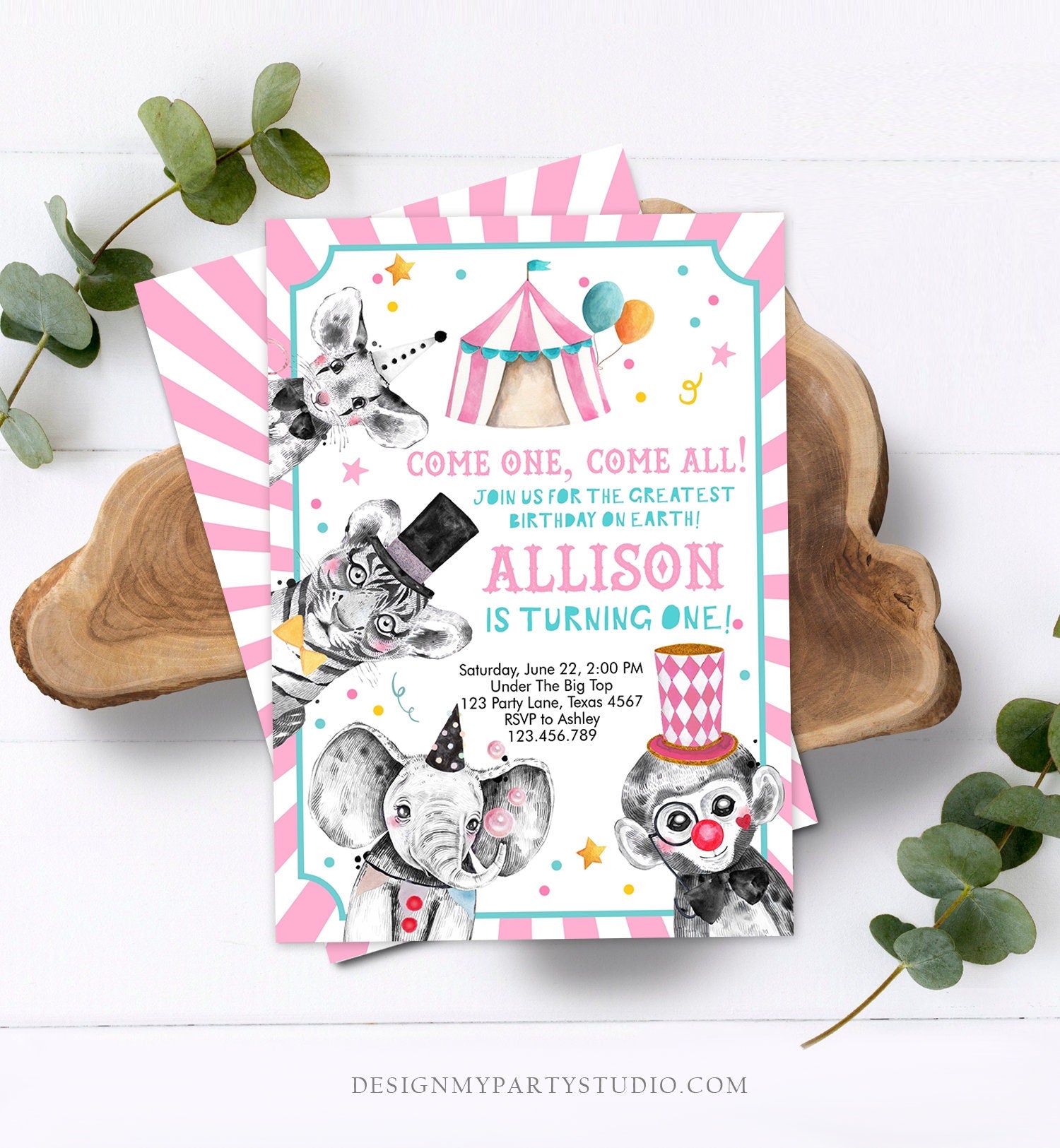 Editable Circus Birthday Invitation Girl Pink Circus Animals Invitation Carnival Invite Download Printable Template Digital Corjl 0355