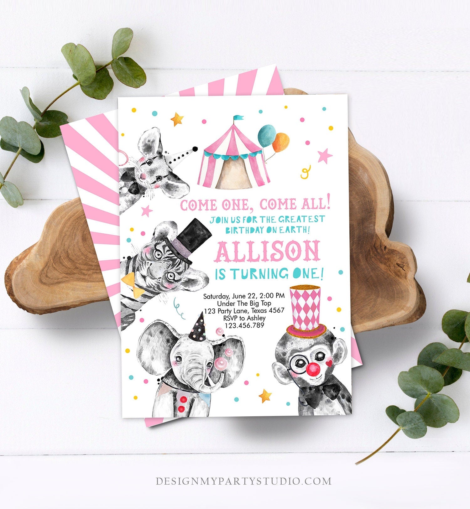 Editable Circus Birthday Invitation Girl Pink Circus Animals Invitation Carnival Invite Download Printable Template Digital Corjl 0355