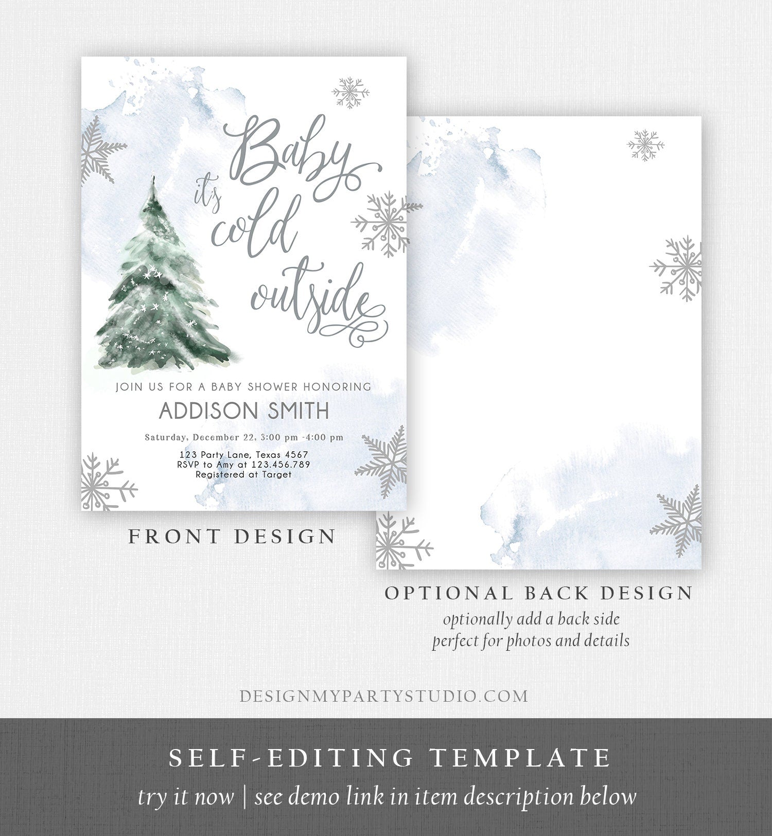 Editable Baby Its Cold Outside Baby Shower Invitation Winter Baby Shower Gender Neutral Snow Watercolor Tree Template Download Corjl 0363