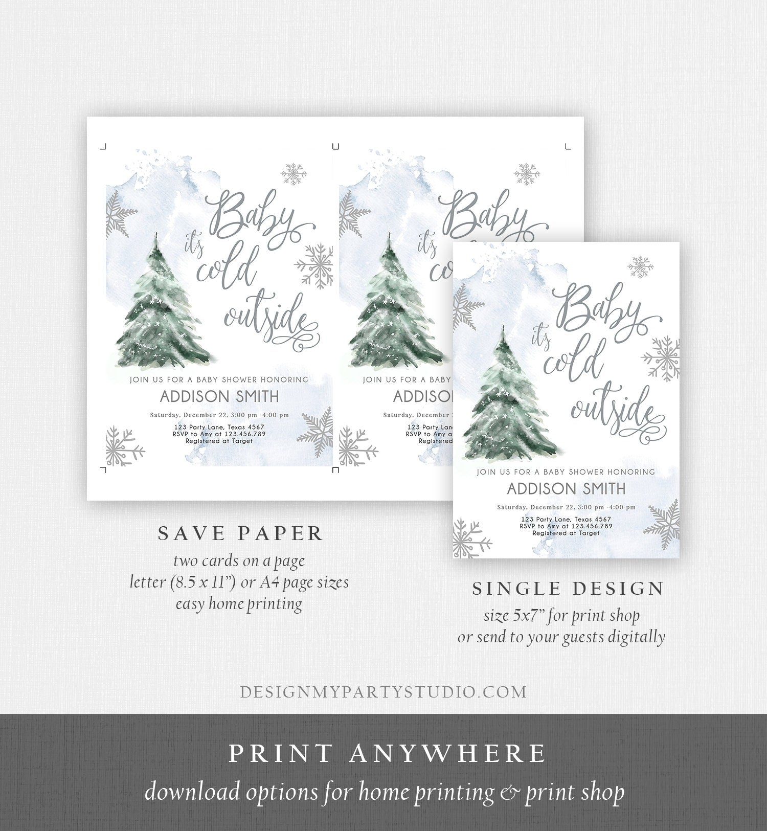 Editable Baby Its Cold Outside Baby Shower Invitation Winter Baby Shower Gender Neutral Snow Watercolor Tree Template Download Corjl 0363