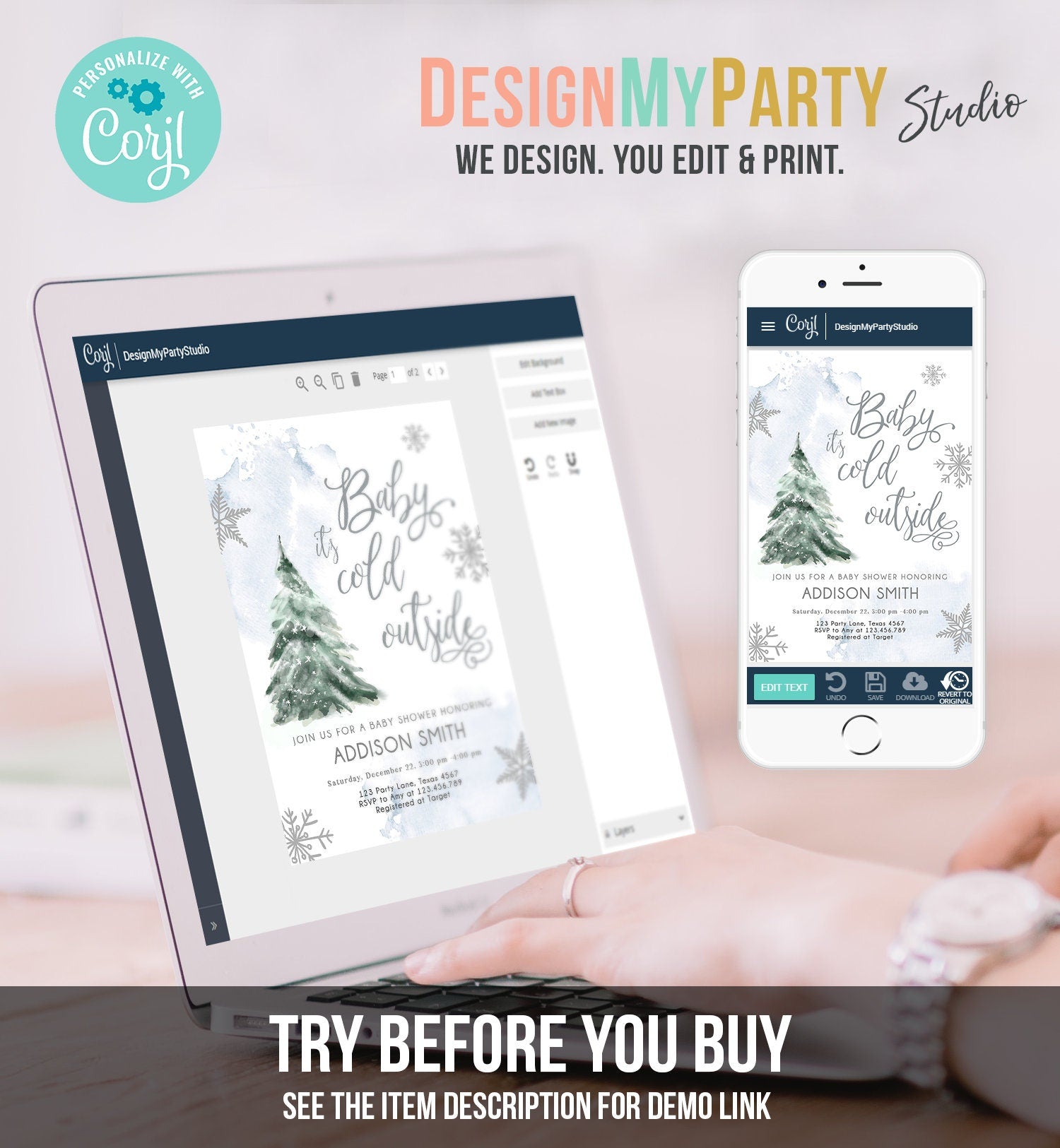 Editable Baby Its Cold Outside Baby Shower Invitation Winter Baby Shower Gender Neutral Snow Watercolor Tree Template Download Corjl 0363