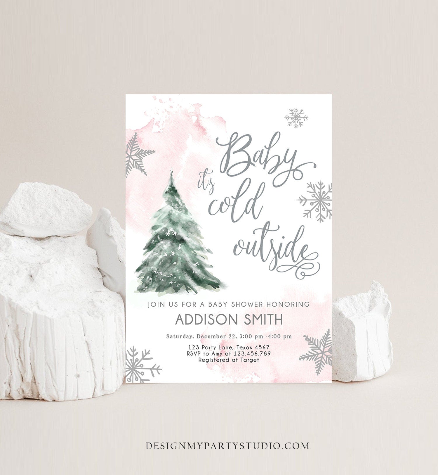 Editable Baby Its Cold Outside Baby Shower Invitation Winter Baby Shower Girl Blush Pink Snow Watercolor Tree Template Download Corjl 0363