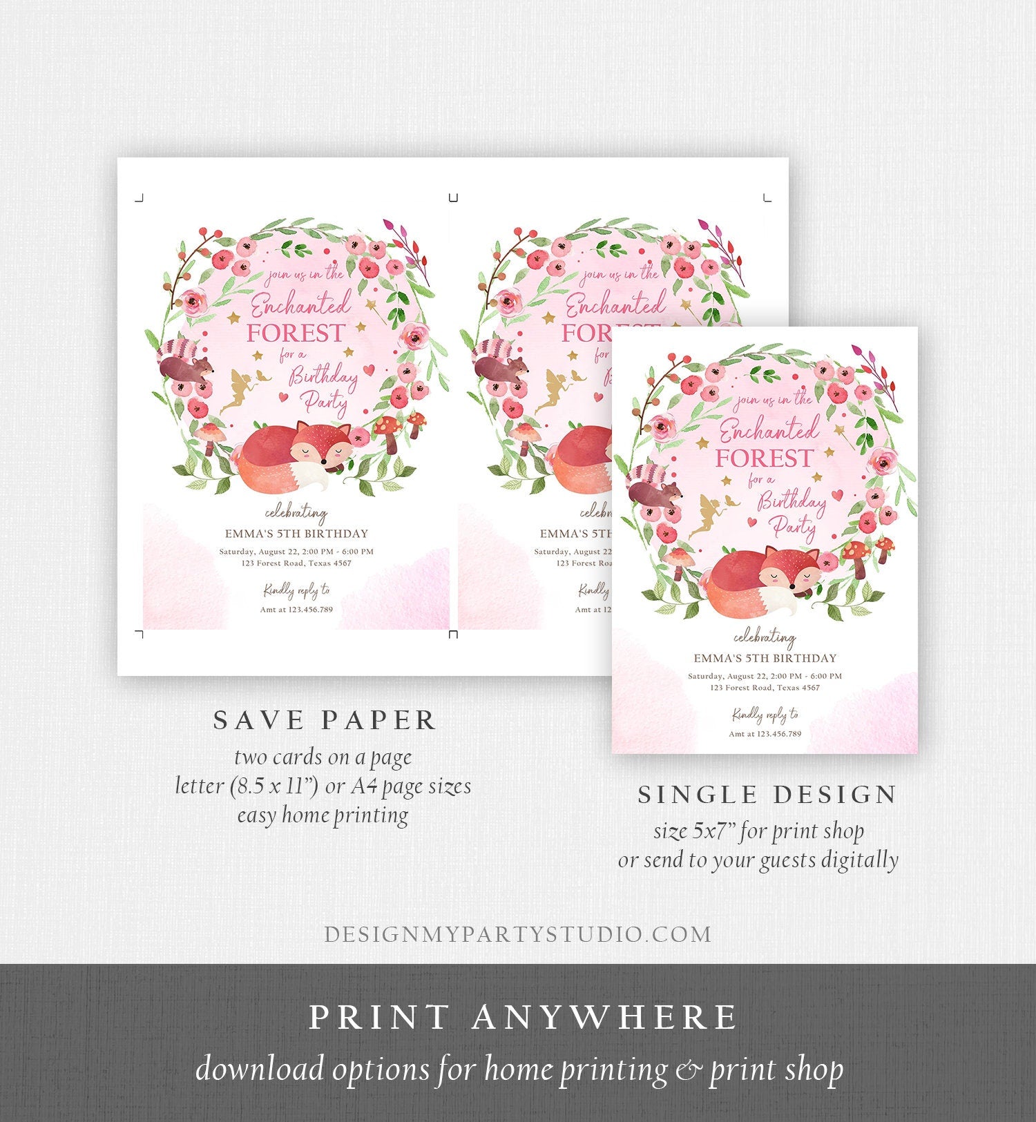 Editable Enchanted Forest Birthday Invitations Woodland Fairy Party Invite Girl Pink Fairies Toadstool Printable Template Digital Corjl 0173