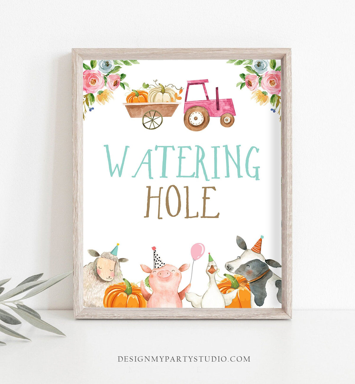 Watering Hole Farm Animals Birthday Sign Drink Table Decor Pink Pumpkin Party Animals Girl Table Sign Barnyard Decor Drinks Printable 0155