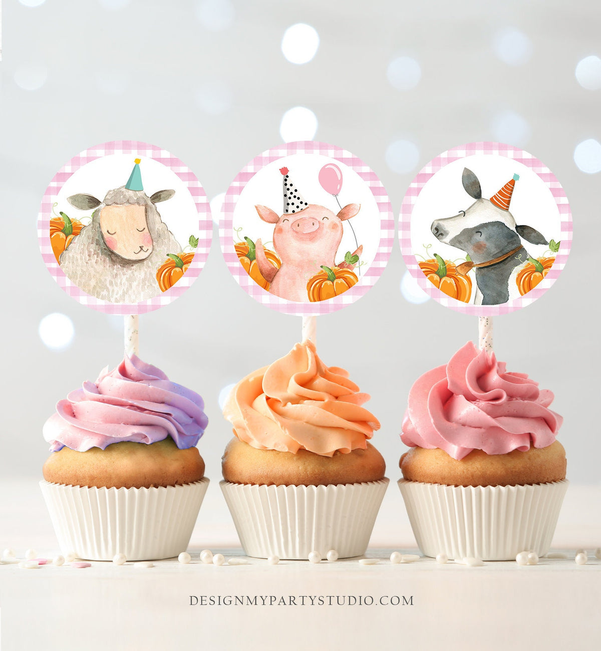 Pumpkin Farm Animals Birthday Cupcake Toppers Favor Tags Farm Birthday Party Decor Girl Barnyard Pink Stickers Digital PRINTABLE 0155