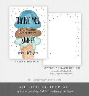 Editable Ice Cream Thank You Card Ice Cream Birthday Thank You Note Boy Birthday Summer Download Printable Template Digital Corjl 0243