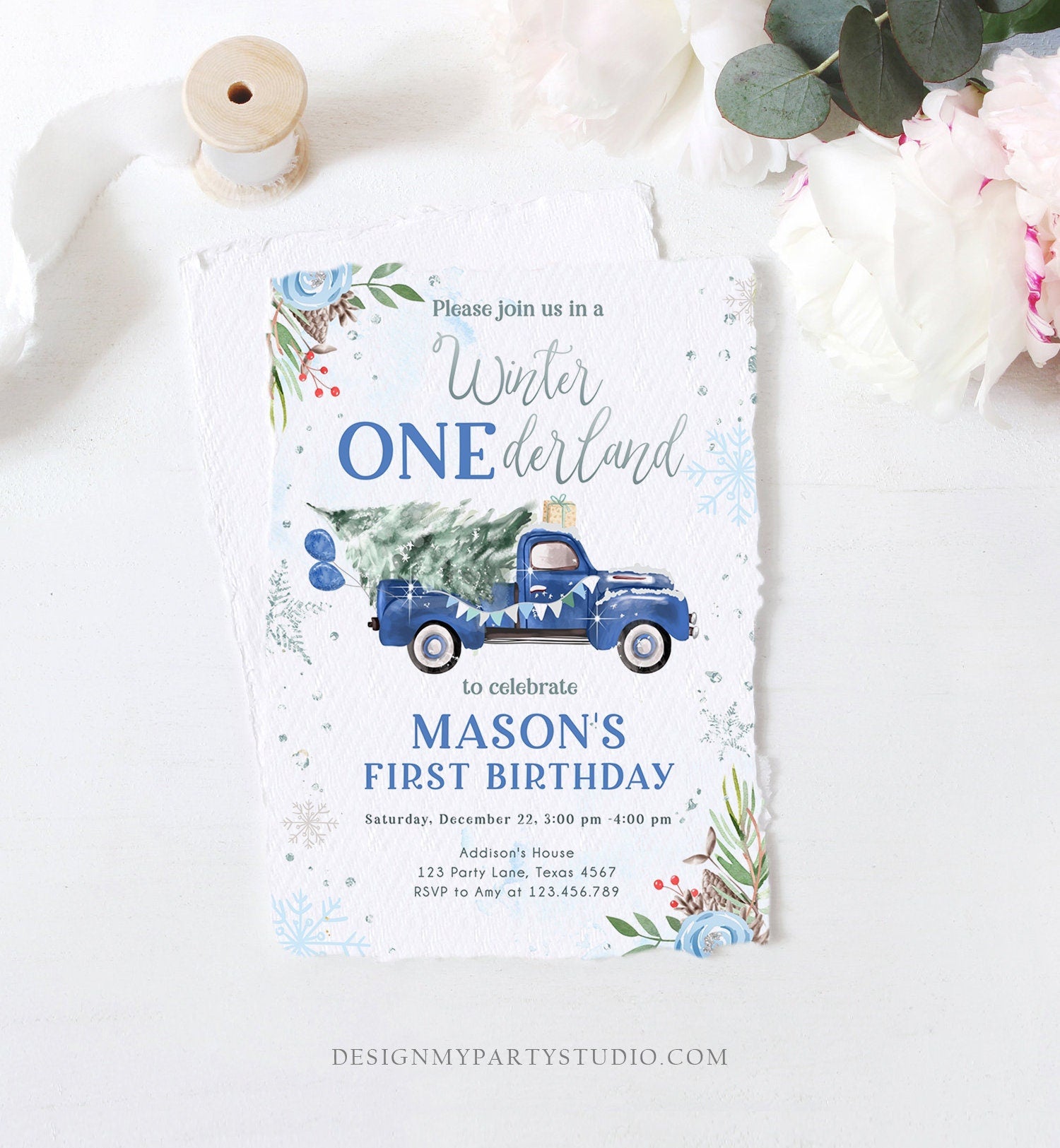 Editable Winter Onederland Winter First Birthday Invitation 1st Winter Blue Boy Silver Floral Truck Christmas Printable Template DIY 0356