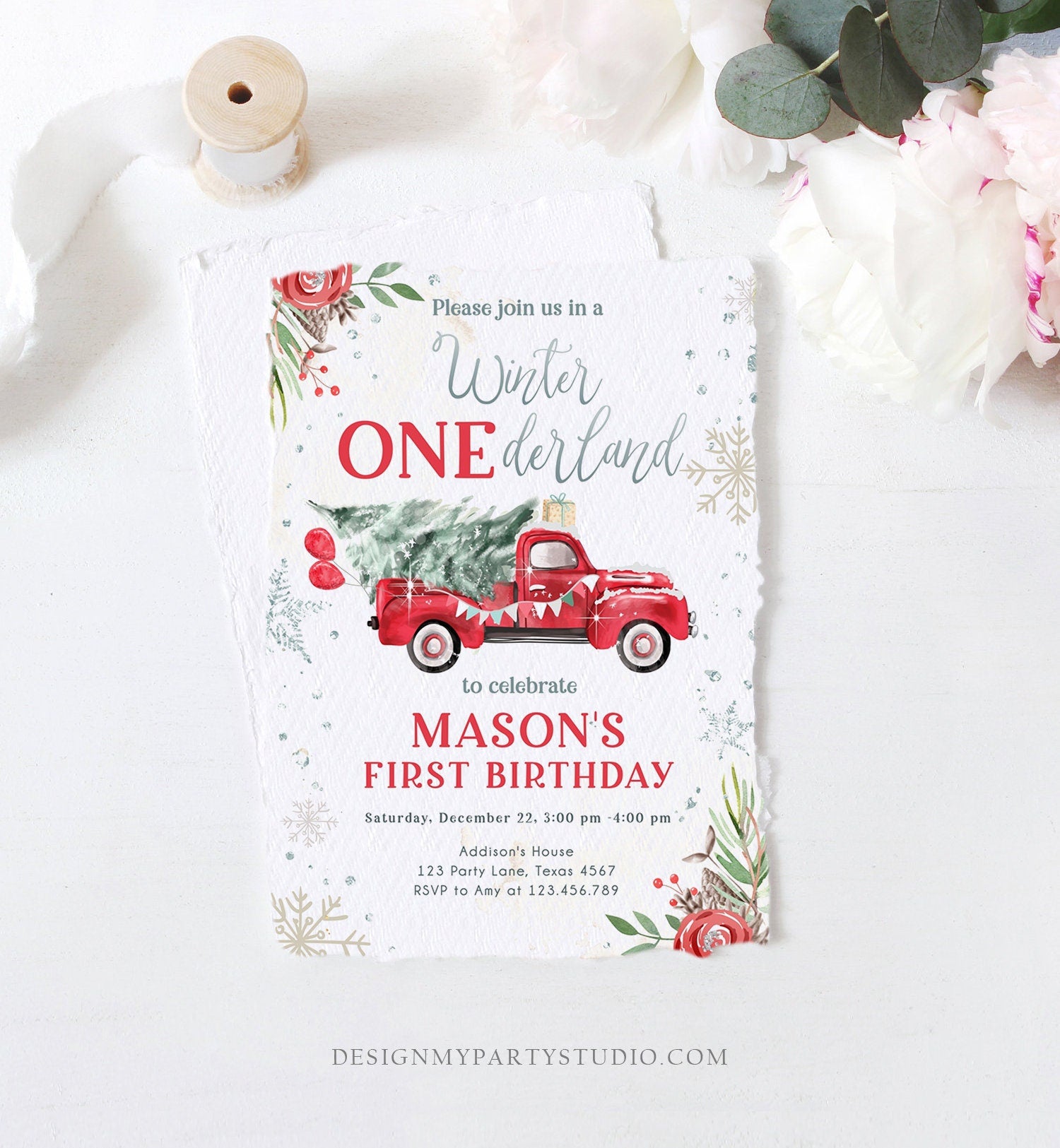 Editable Winter Onederland Winter First Birthday Invitation 1st Winter Red Boy Silver Floral Truck Christmas Printable Template DIY 0356