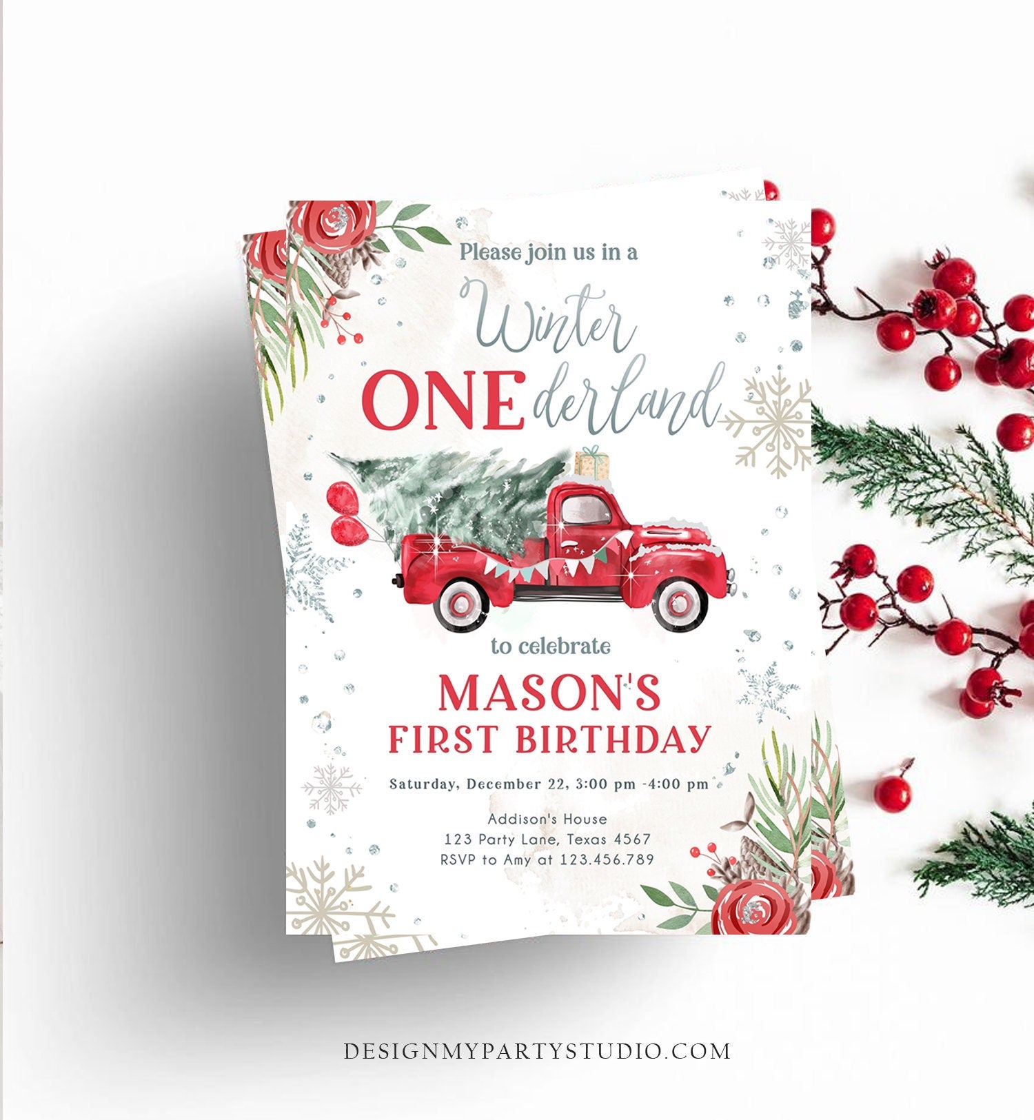 Editable Winter Onederland Winter First Birthday Invitation 1st Winter Red Boy Silver Floral Truck Christmas Printable Template DIY 0356