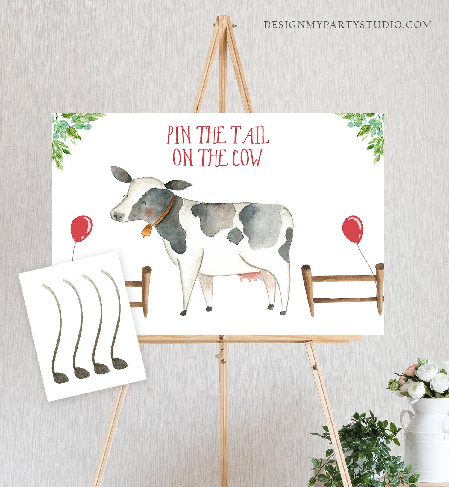 Editable Pin the Tail on the Cow Farm Birthday Game Farm Animals Party Animals Decor Barnyard Boy Red Download Printable Digital Corjl 0155