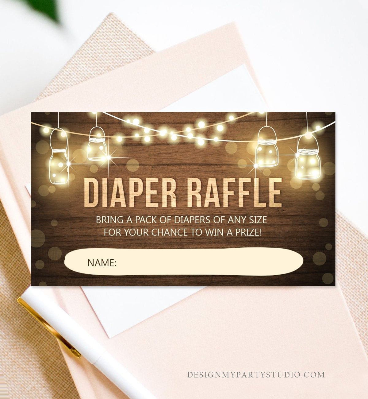 Editable Rustic Wood Diaper Raffle Ticket Baby Shower Insert Card Gender Neutral String Lights Autumn Fall Corjl Template Printable 0015