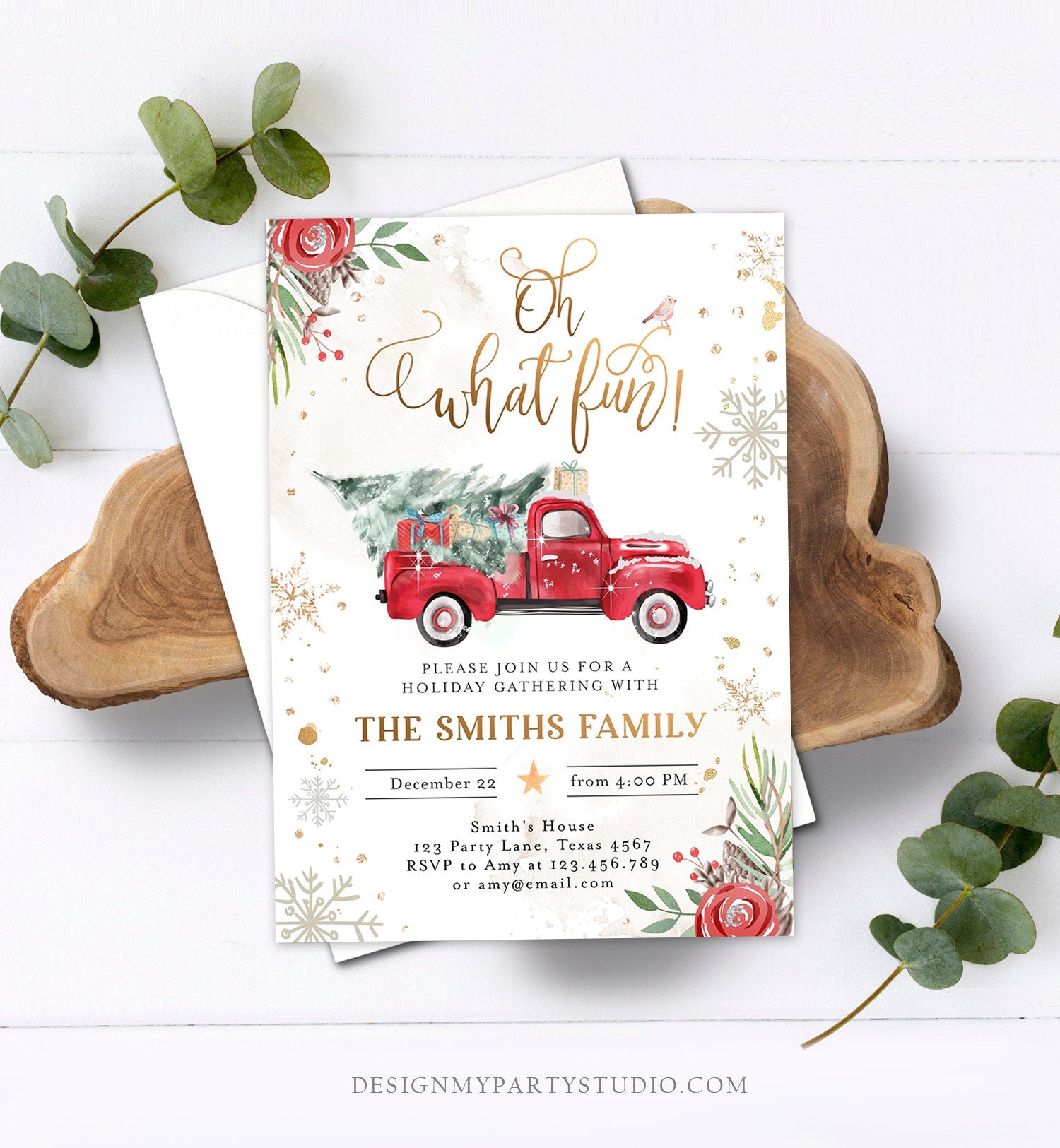 Editable Oh What Fun! Holiday Party Christmas Party Invitation Red Truck Tree Winter Birthday Personalized Printable Template Corjl 0356