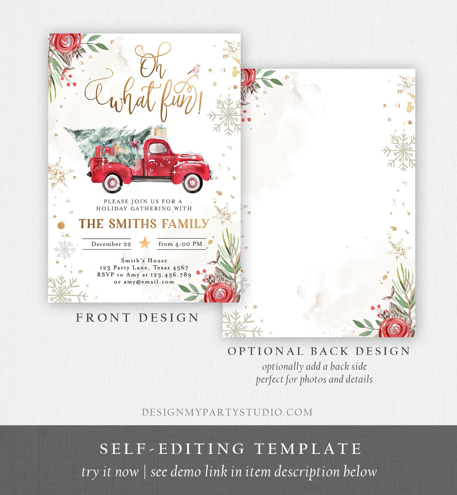 Editable Oh What Fun! Holiday Party Christmas Party Invitation Red Truck Tree Winter Birthday Personalized Printable Template Corjl 0356