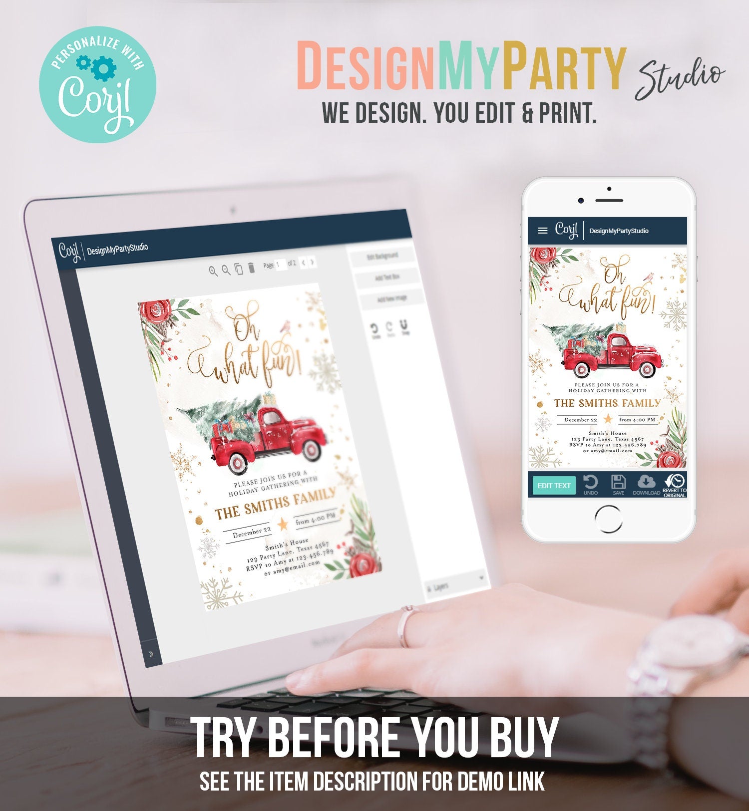 Editable Oh What Fun! Holiday Party Christmas Party Invitation Red Truck Tree Winter Birthday Personalized Printable Template Corjl 0356