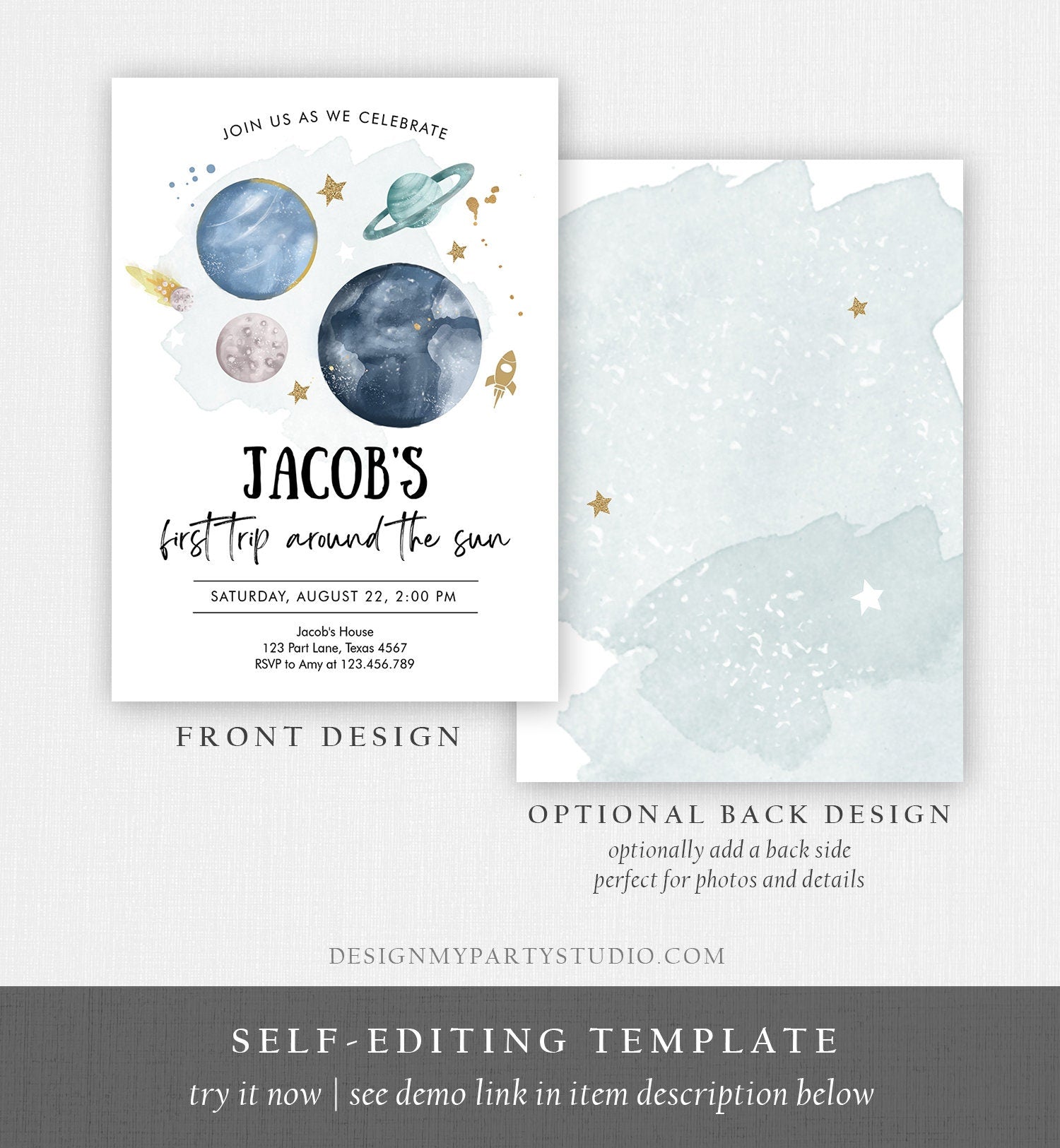 Editable Outer Space First Birthday Invitation Galaxy Blast Off First Trip Around the Sun Download Printable Template Digital Corjl 0357