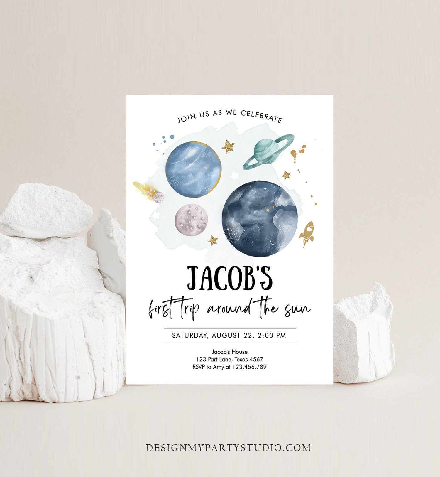 Editable Outer Space First Birthday Invitation Galaxy Blast Off First Trip Around the Sun Download Printable Template Digital Corjl 0357