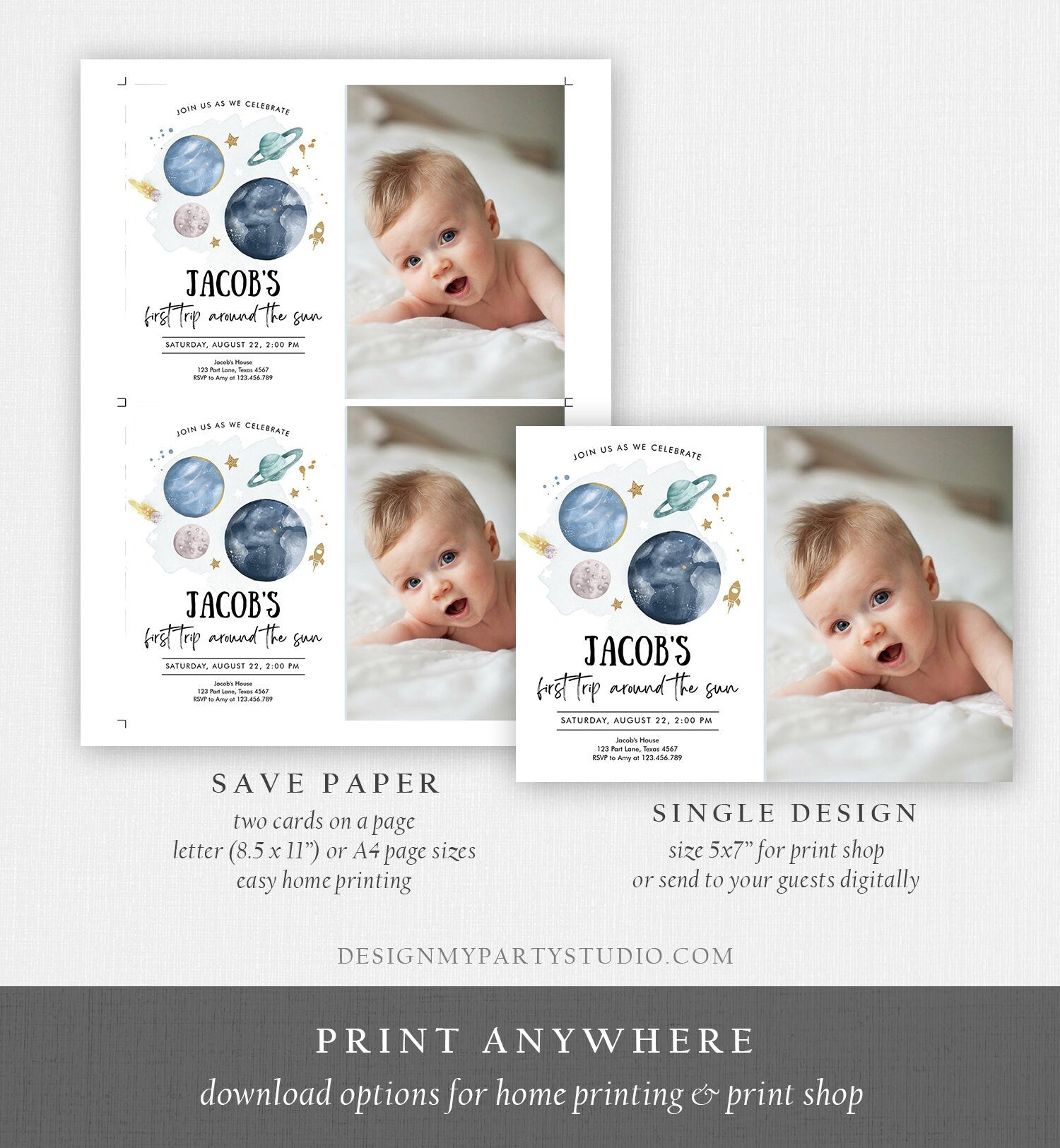 Editable Outer Space First Birthday Invitation Galaxy Blast Off First Trip Around the Sun Download Printable Template Digital Corjl 0357