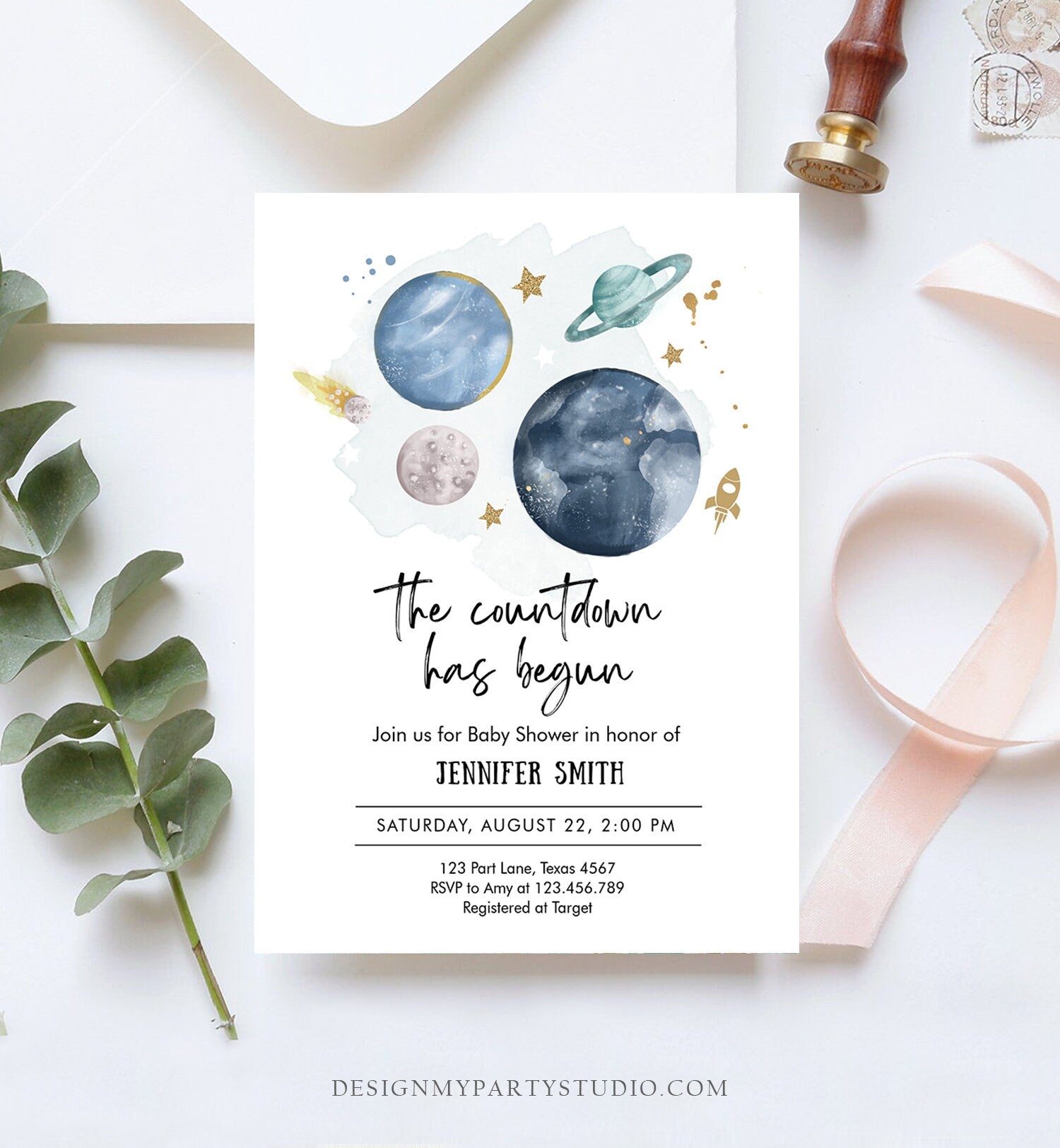 Editable Space Baby Shower Invitation Galaxy Outer Space It's a Boy Blue Planets Moon Countdown Invite Template Instant Download Corjl 0357