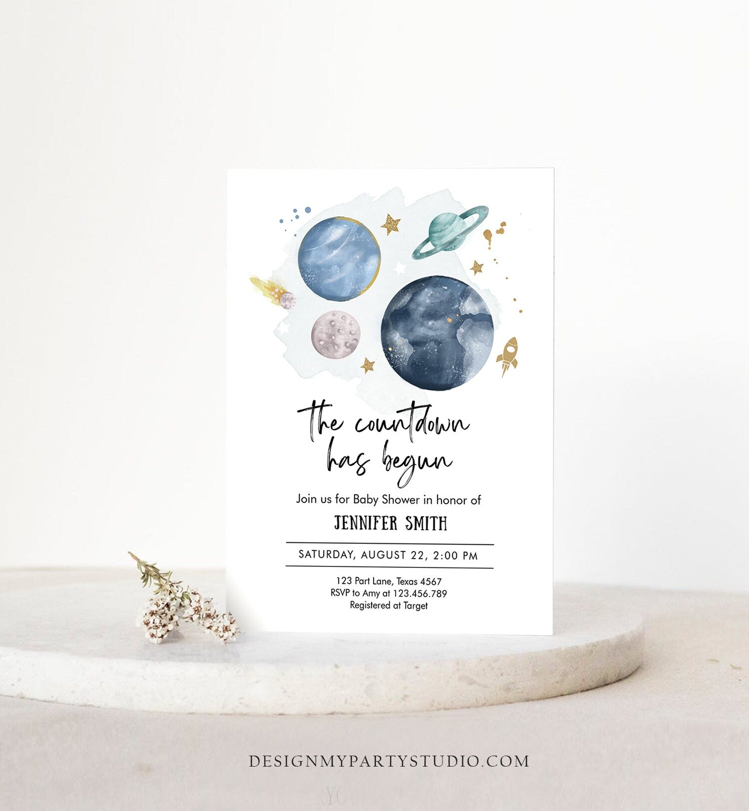 Editable Space Baby Shower Invitation Galaxy Outer Space It's a Boy Blue Planets Moon Countdown Invite Template Instant Download Corjl 0357