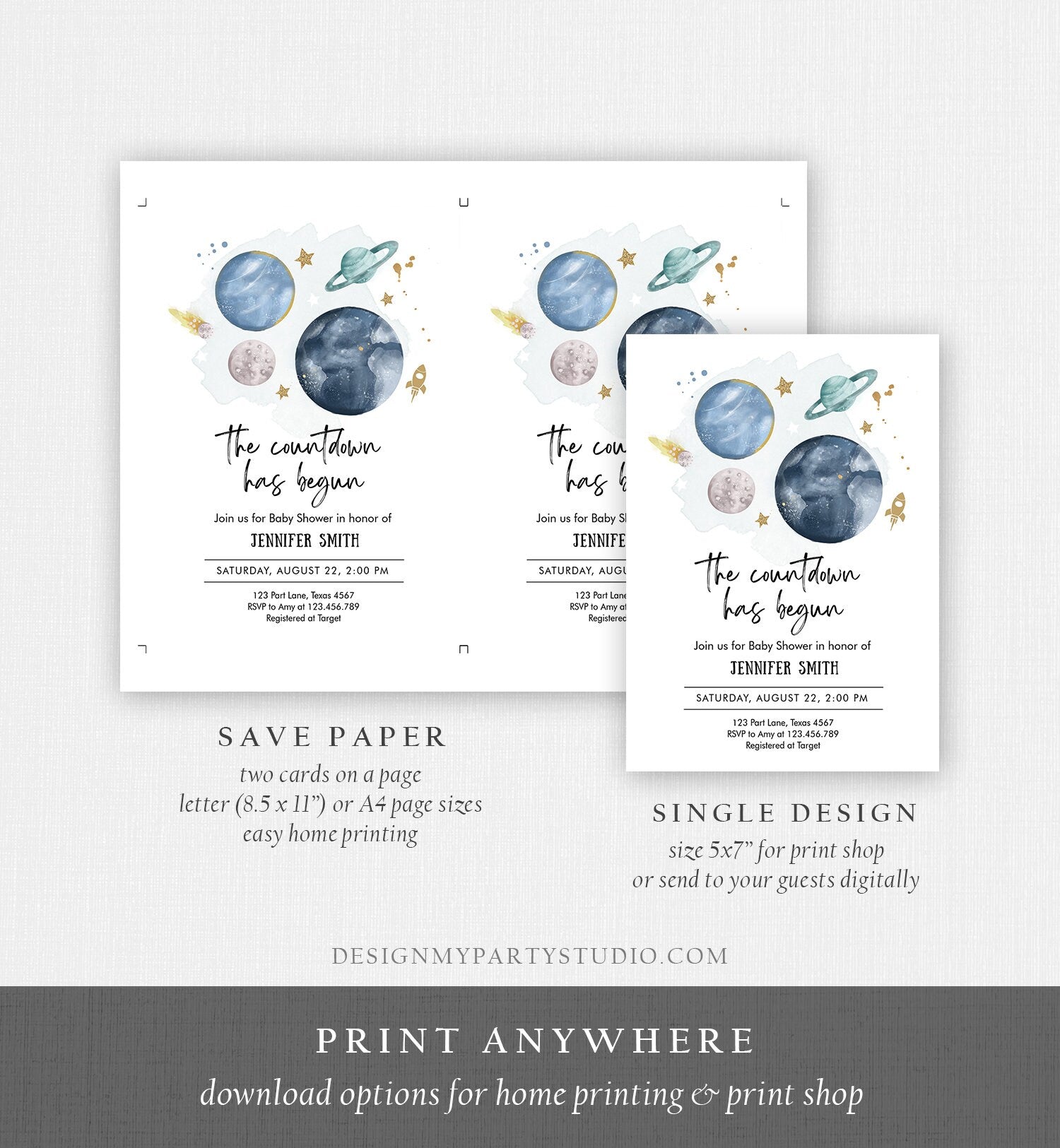 Editable Space Baby Shower Invitation Galaxy Outer Space It's a Boy Blue Planets Moon Countdown Invite Template Instant Download Corjl 0357