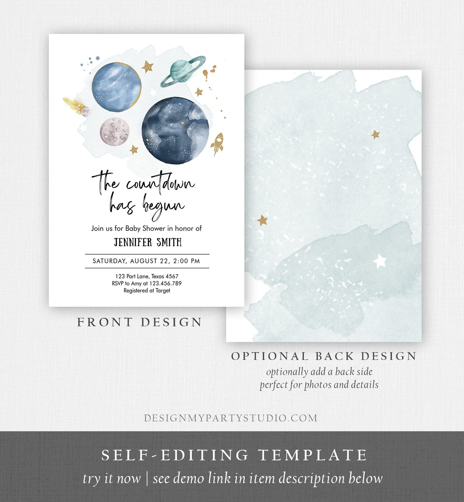 Editable Space Baby Shower Invitation Galaxy Outer Space It's a Boy Blue Planets Moon Countdown Invite Template Instant Download Corjl 0357