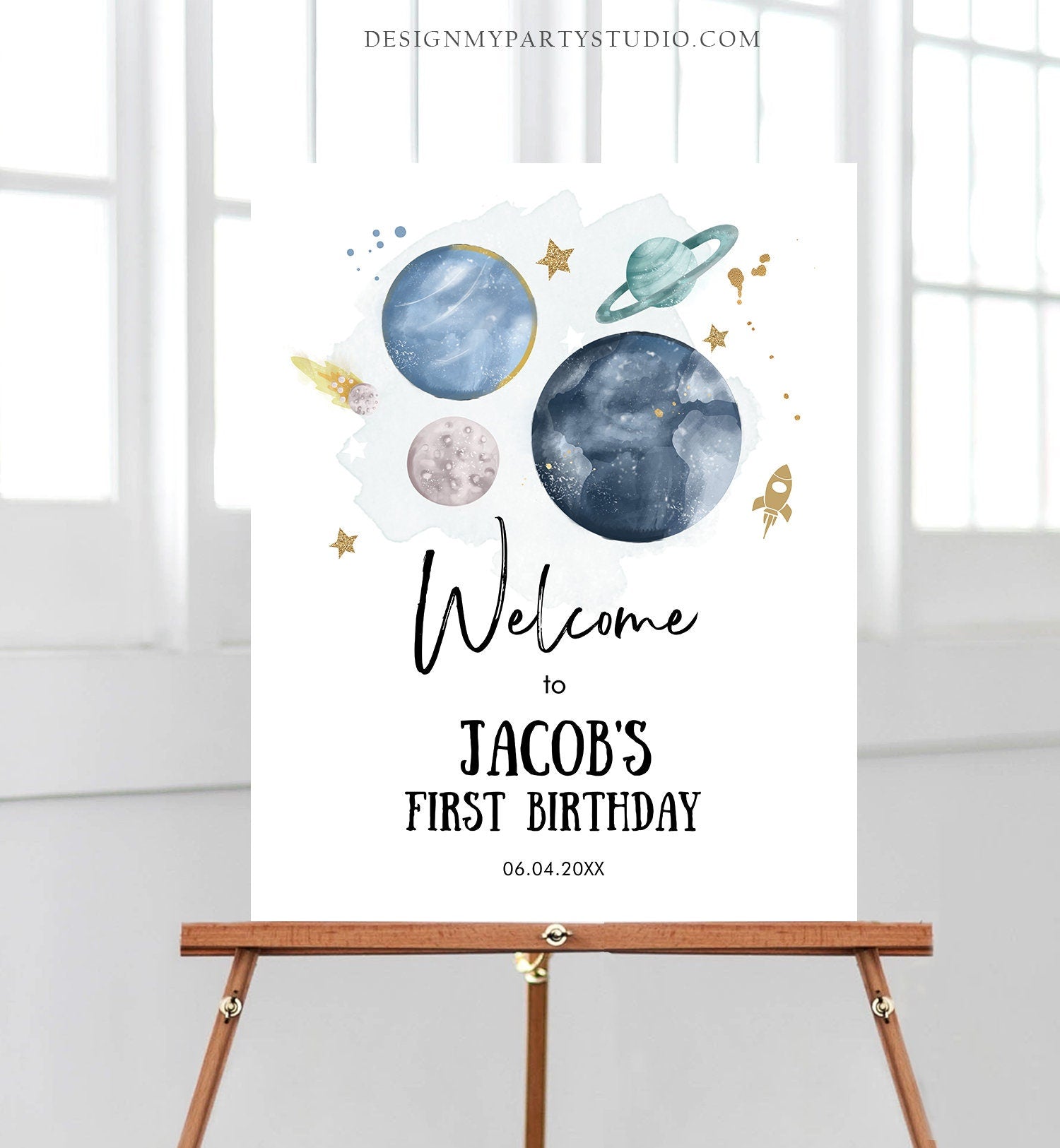 Editable Outer Space Birthday Welcome Sign 1st Birthday Boy Galaxy Planets Trip Around the Sun Astronaut Template PRINTABLE Corjl 0357