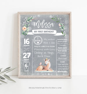 Editable Winter Onederland Birthday Milestones Sign First Birthday 1st Snowflakes Girl White Woodland Deer Corjl Template Printable 0265