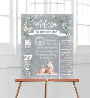 Editable Winter Onederland Birthday Milestones Sign First Birthday 1st Snowflakes Girl White Woodland Deer Corjl Template Printable 0265