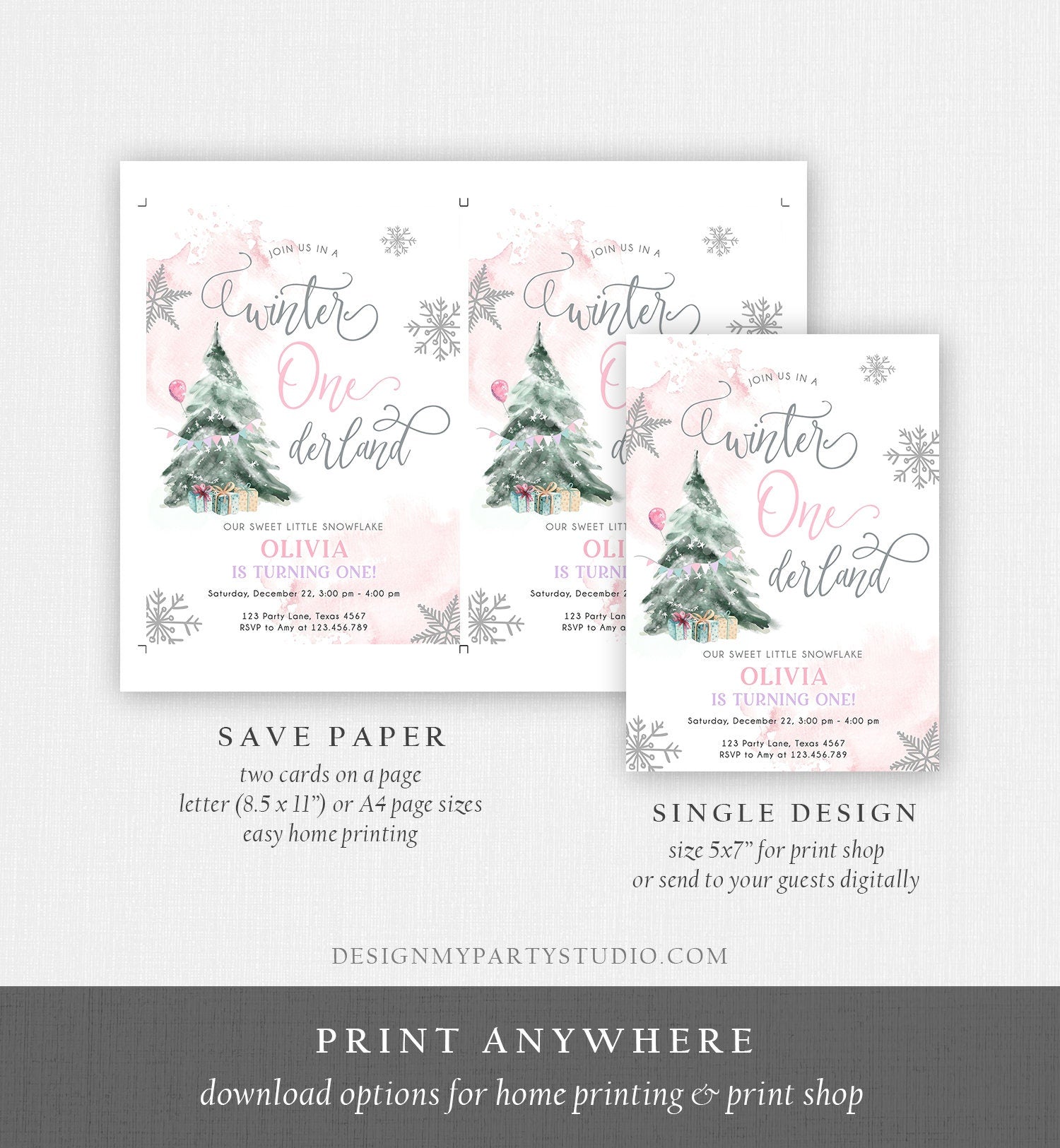 Editable Winter ONEderland Birthday Invitation First Birthday 1st Girl Pink Snow Watercolor Tree Christmas Snowflake Corjl Template 0363