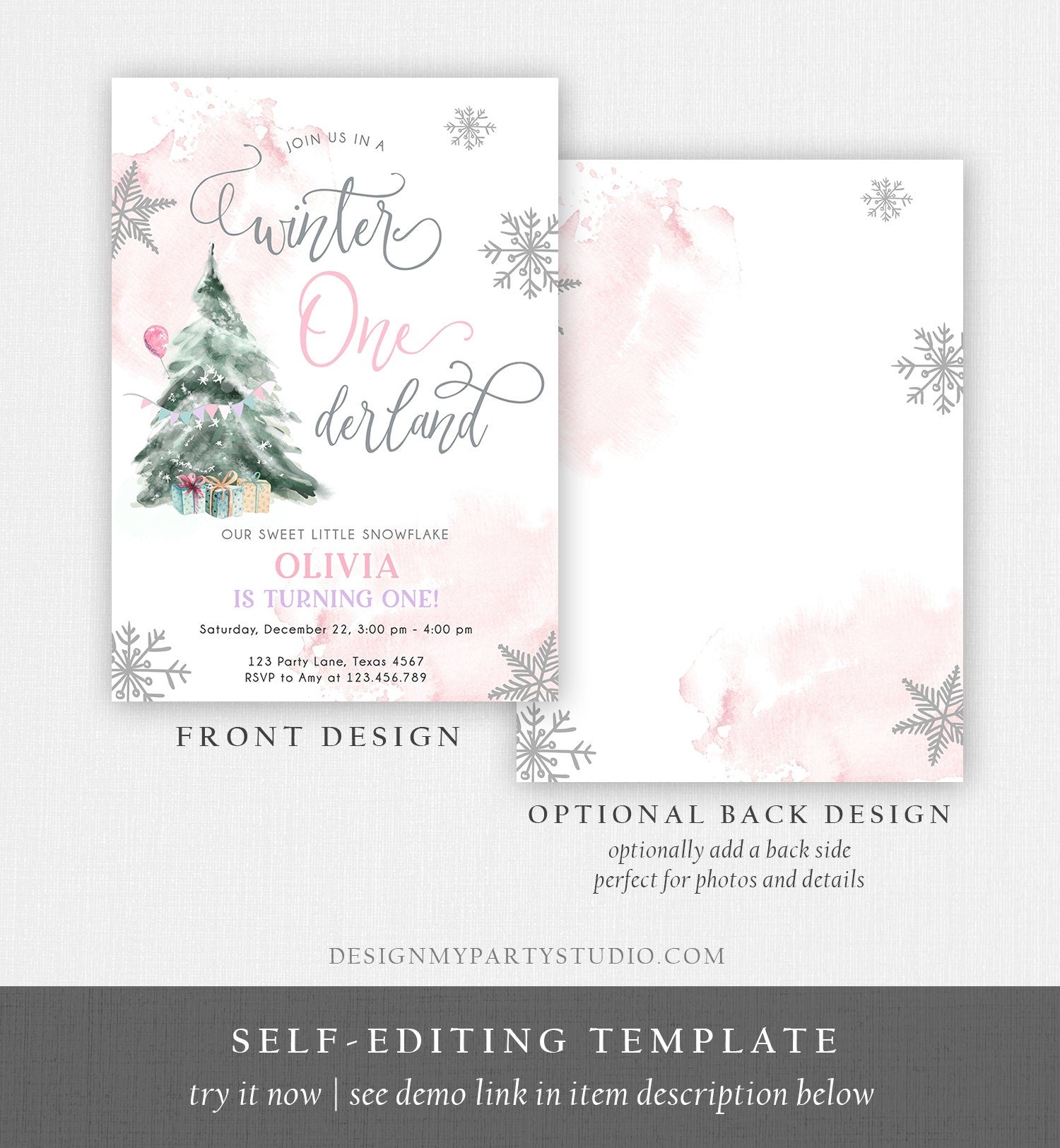 Editable Winter ONEderland Birthday Invitation First Birthday 1st Girl Pink Snow Watercolor Tree Christmas Snowflake Corjl Template 0363