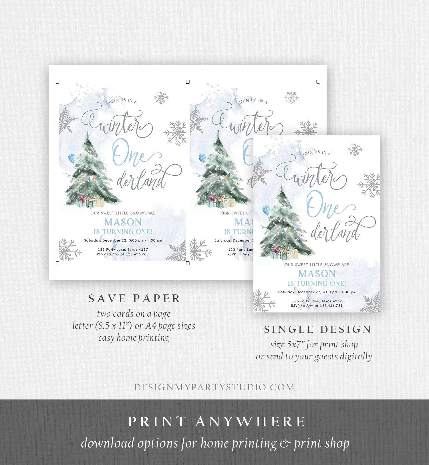 Editable Winter ONEderland Birthday Invitation First Birthday 1st Boy Blue Grey Snow Watercolor Tree Christmas Snowflake Corjl Template 0363